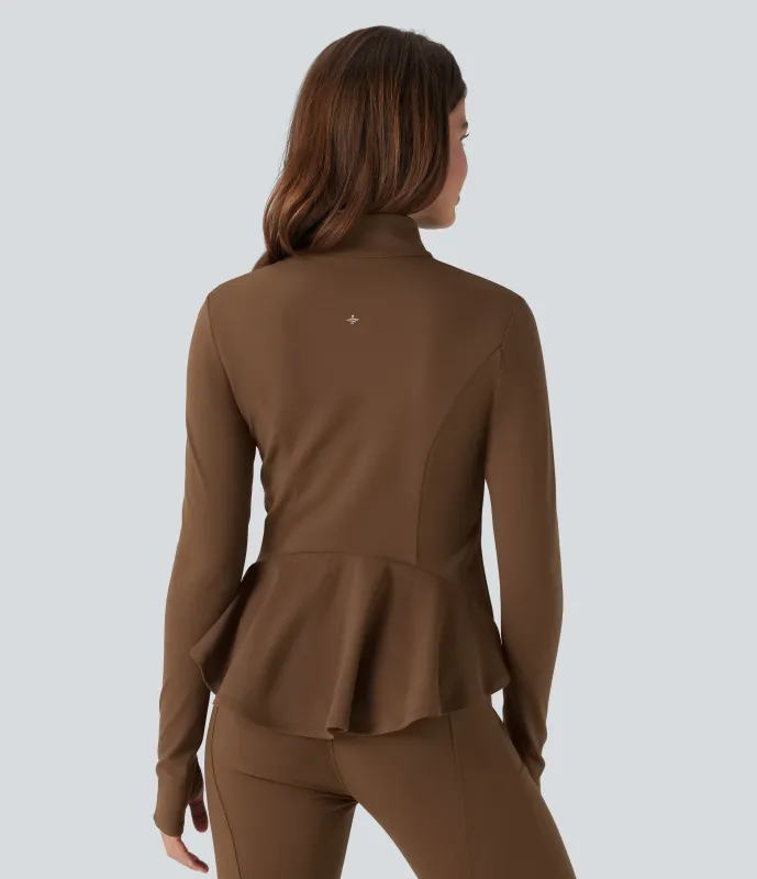 Halara Chaqueta ajustada con cuello alto, cremallera, abertura para el pulgar, dobladillo con volantes y bolsillos - Bison - L sold by Halara