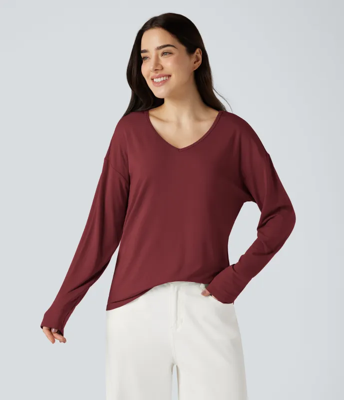 Halara Top casual de manga larga con cuello en V - New Maroon - L sold by Halara