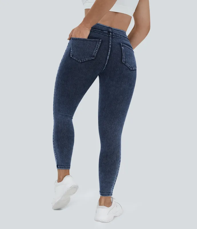 Halara Leggings Halara Flex™ Denim elásticos de talla grande con tiro alto y bolsillos traseros - Washed Denim Navy Blue - 4X sold by Halara