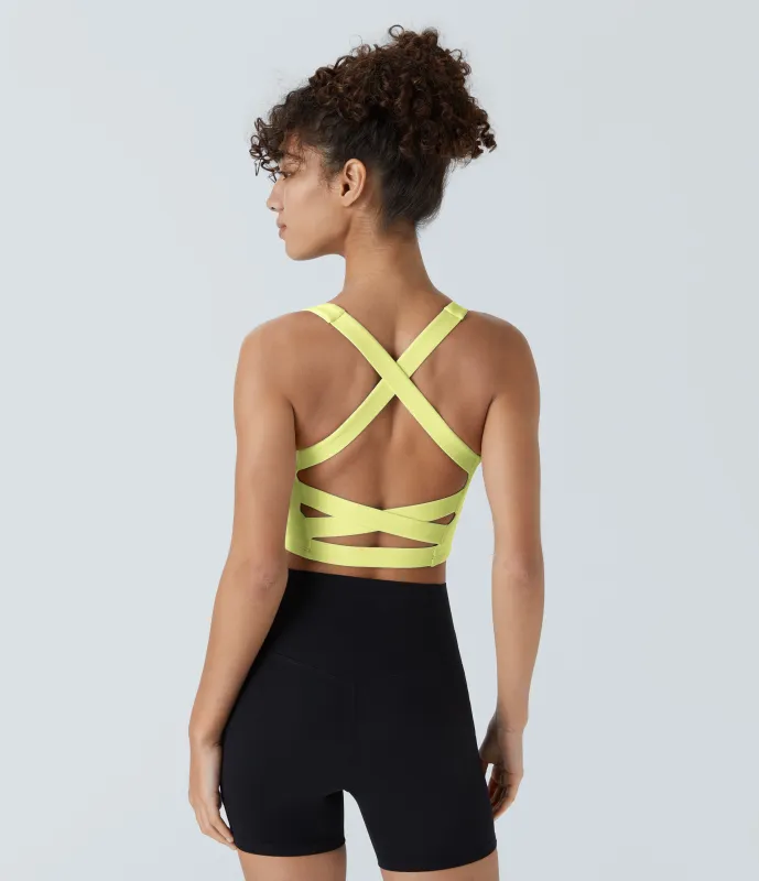 Halara Top corto de yoga SoftlyZero™ Airy con escote cuadrado, sin espalda, tirantes cruzados y tacto fresco-UPF50+ en copas D-F - Mandarin Yellow - S sold by Halara