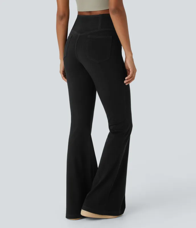 Halara Jeans Halara Flex™ Denim súper acampanado elástico lavado bolsillo cruzado tiro alto - Graphite Black Denim - S(tall) sold by Halara