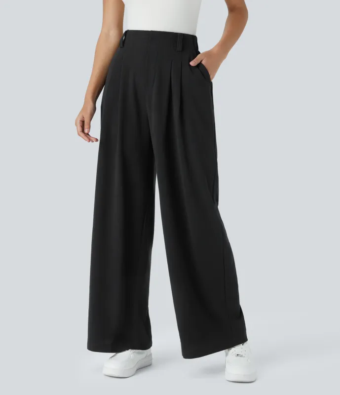 Halara Pantalones Halara Flex™ de oficina anchos plisados de tiro alto con bolsillos en tela tipo gofre - Black - XL(extall) made by Halara
