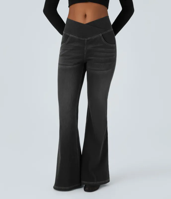 Halara Jeans Halara Flex™ Denim acampanados elásticos de tiro alto cruzado descoloridos con bolsillos - Carbon Paint Denim - L(regular) sold by Halara