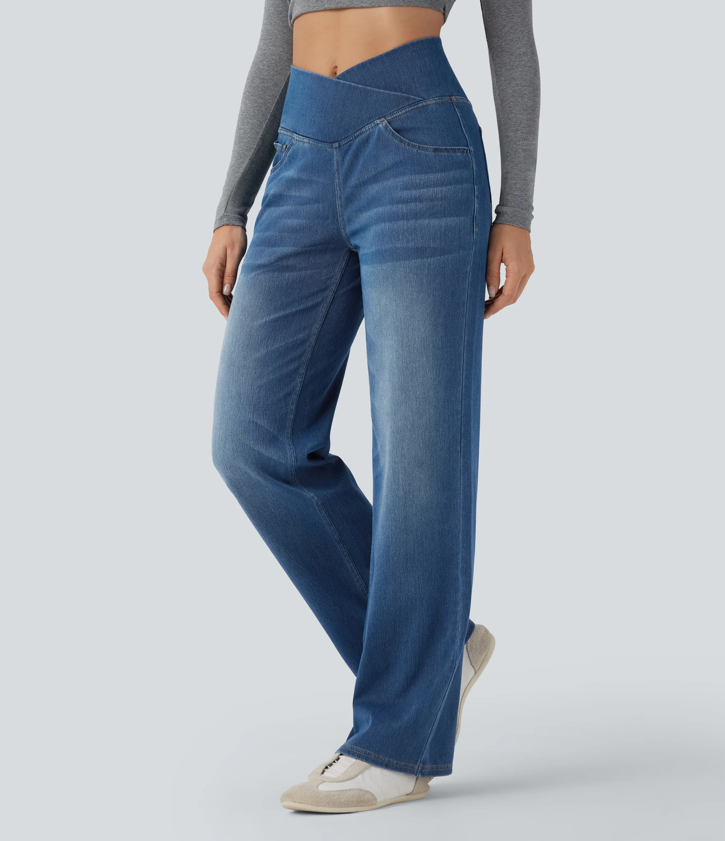 Halara Jeans casuales rectos con control de abdomen de tiro alto cruzado y bolsillos, estilo Halara Flex™ SoCinched - Tide Blue Denim - M(tall) sold by Halara product image thumbnail 4