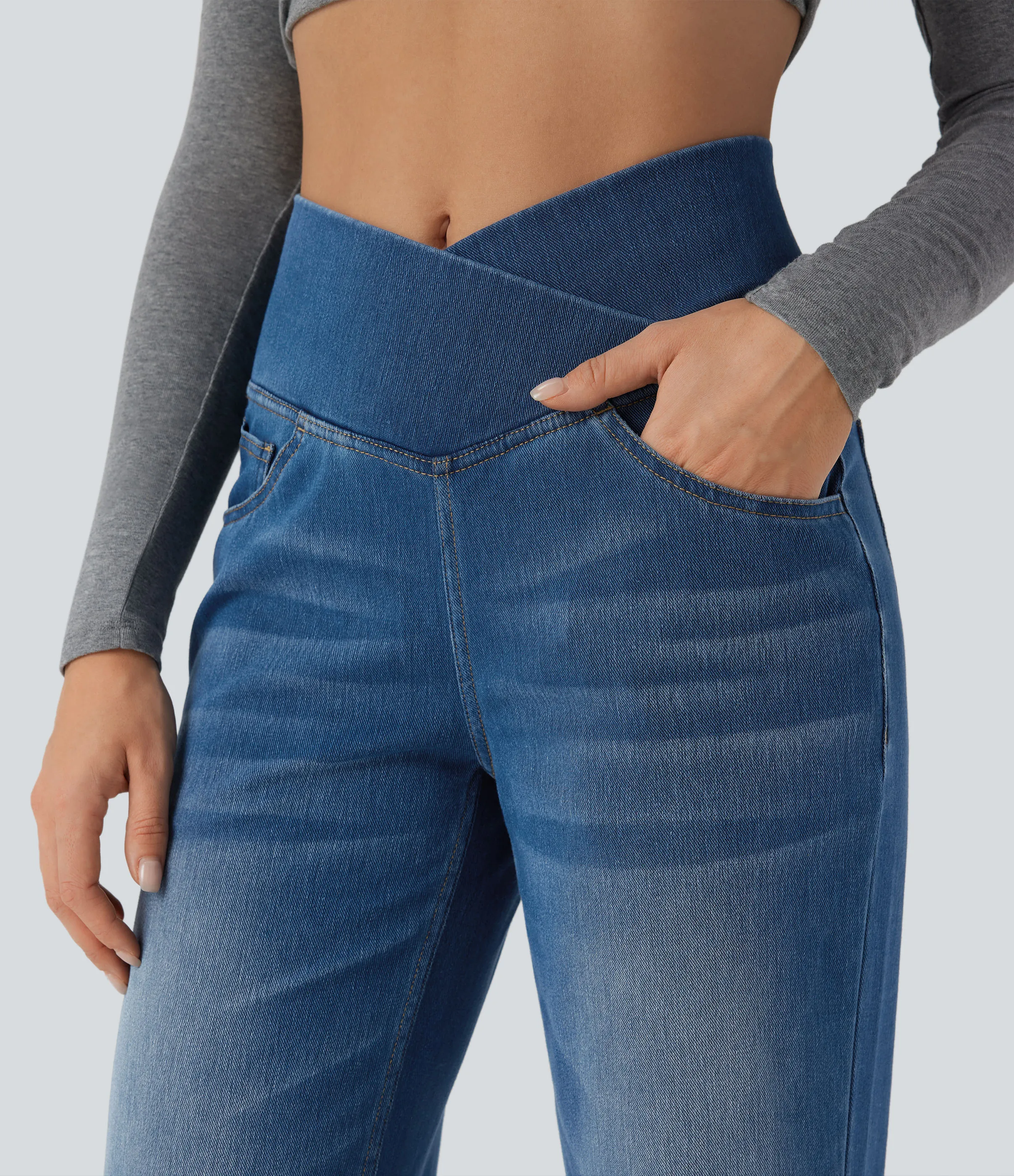 Halara Jeans casuales rectos con control de abdomen de tiro alto cruzado y bolsillos, estilo Halara Flex™ SoCinched - Tide Blue Denim - M(tall) sold by Halara product image thumbnail 5