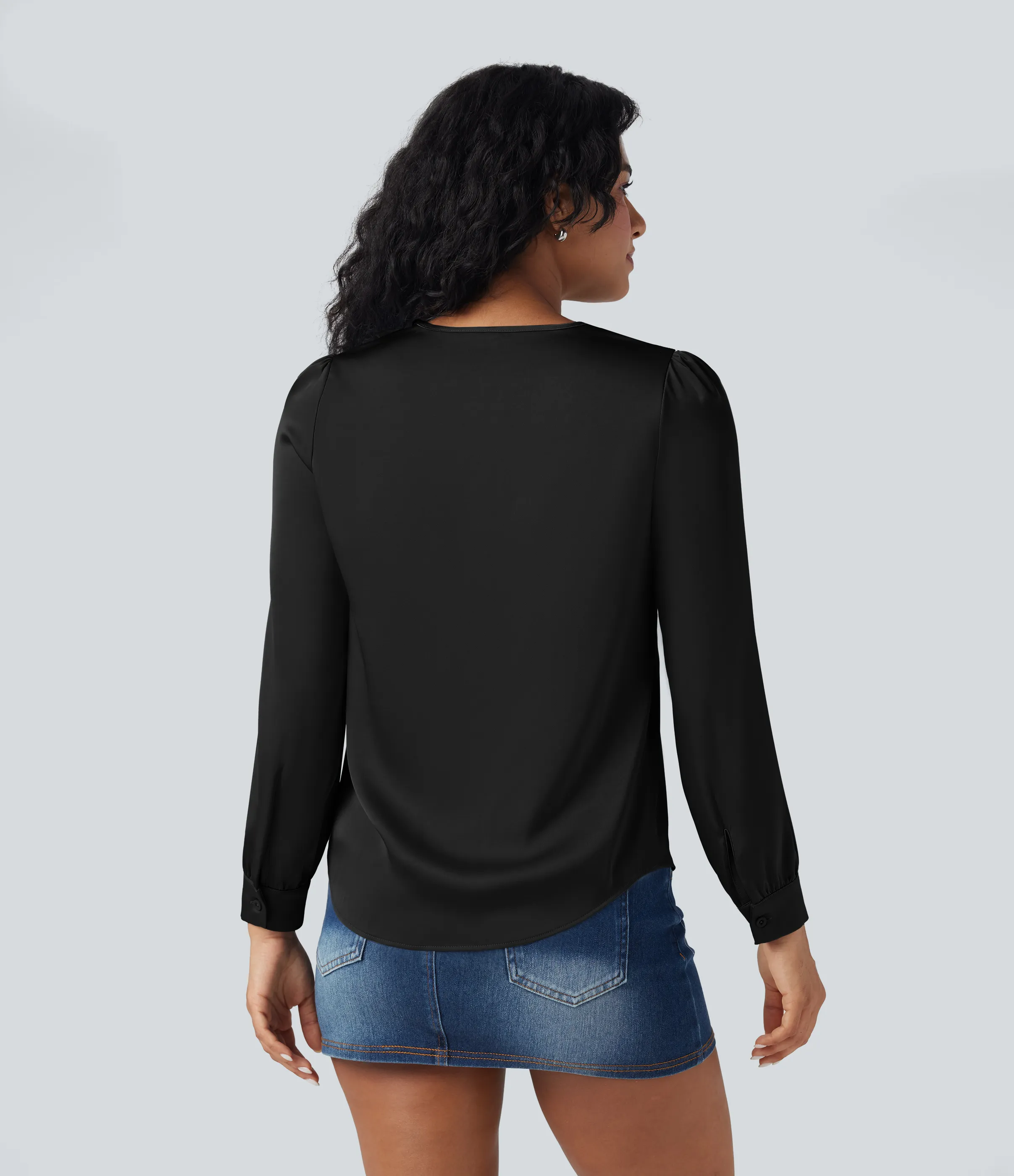 Halara Camisa casual de satén con cuello en V y manga larga con ribete de volantes - Black - XL sold by Halara product image thumbnail 3