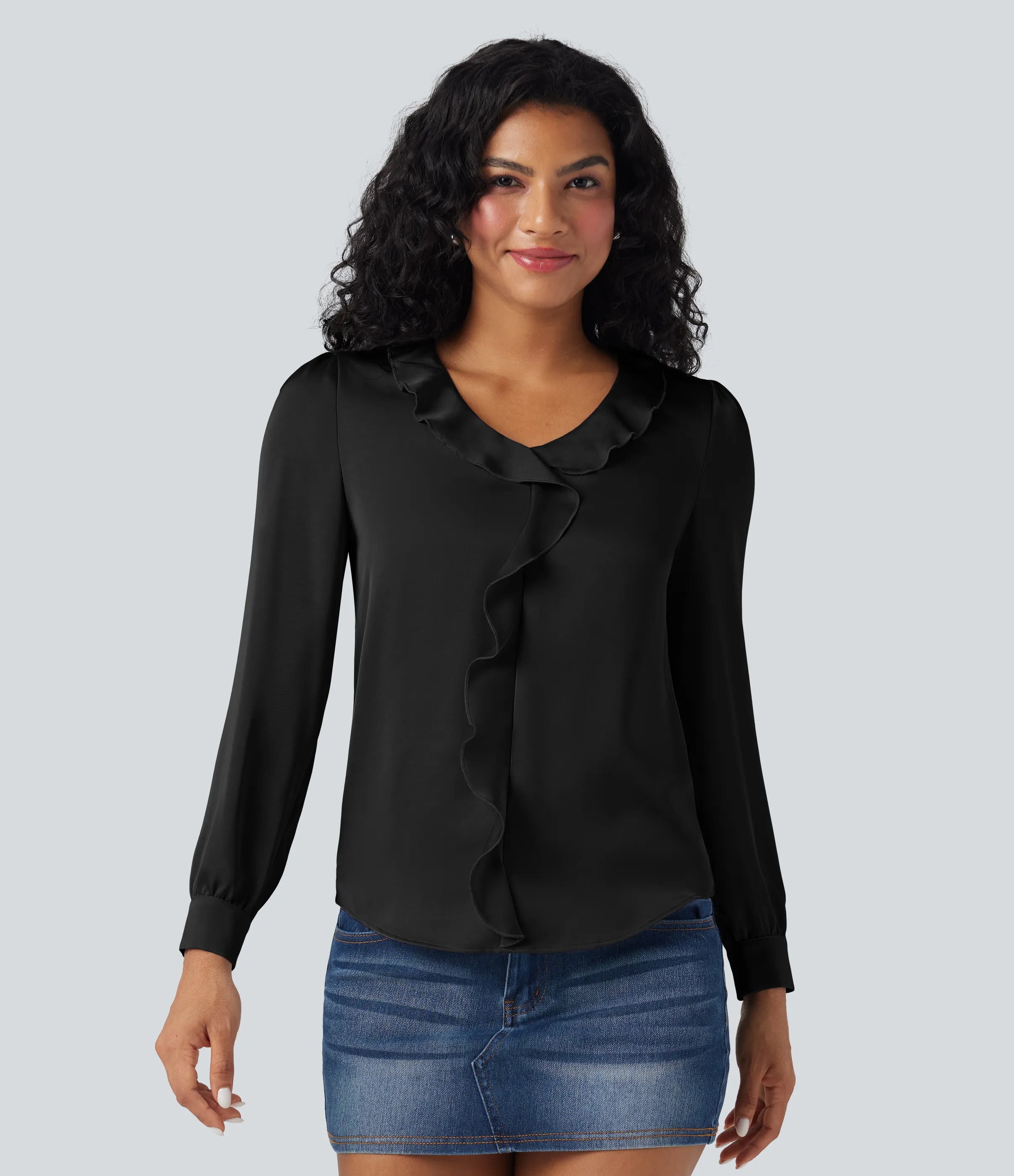 Halara Camisa casual de satén con cuello en V y manga larga con ribete de volantes - Black - XL sold by Halara product image thumbnail 4