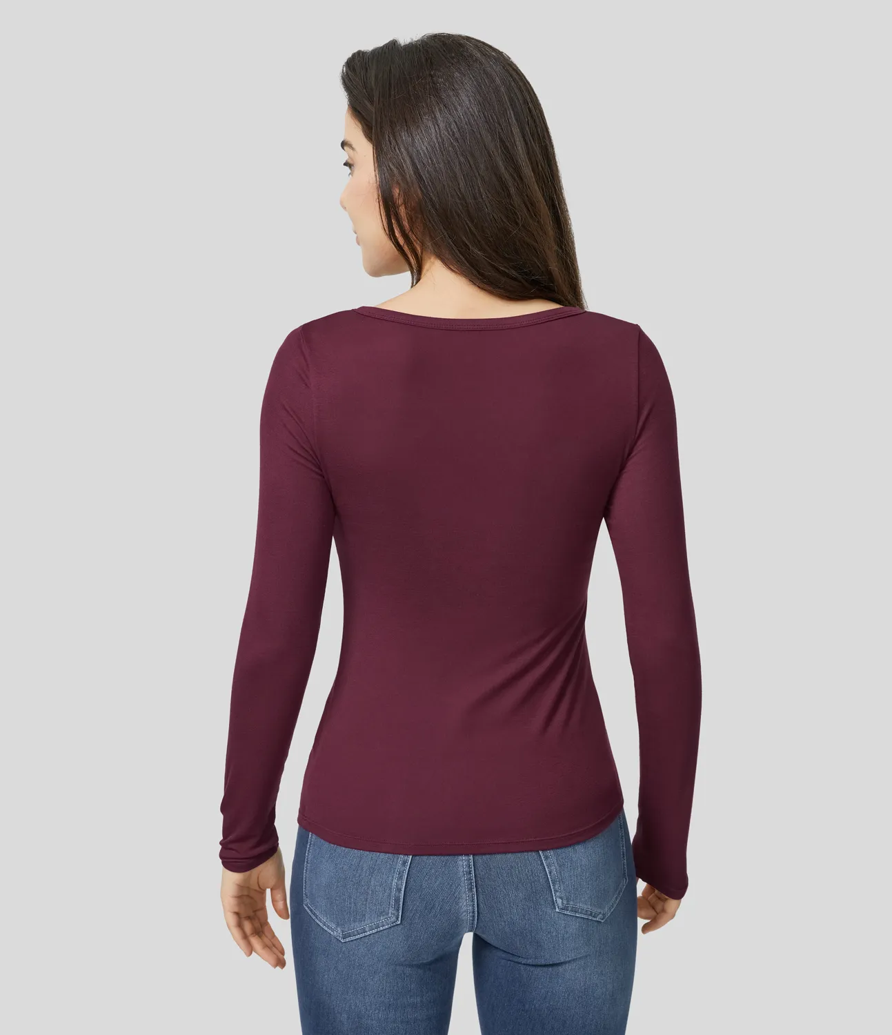 Halara Top ajustado manga larga cuello Henley acanalado - Maroon Banner - S sold by Halara product image thumbnail 3