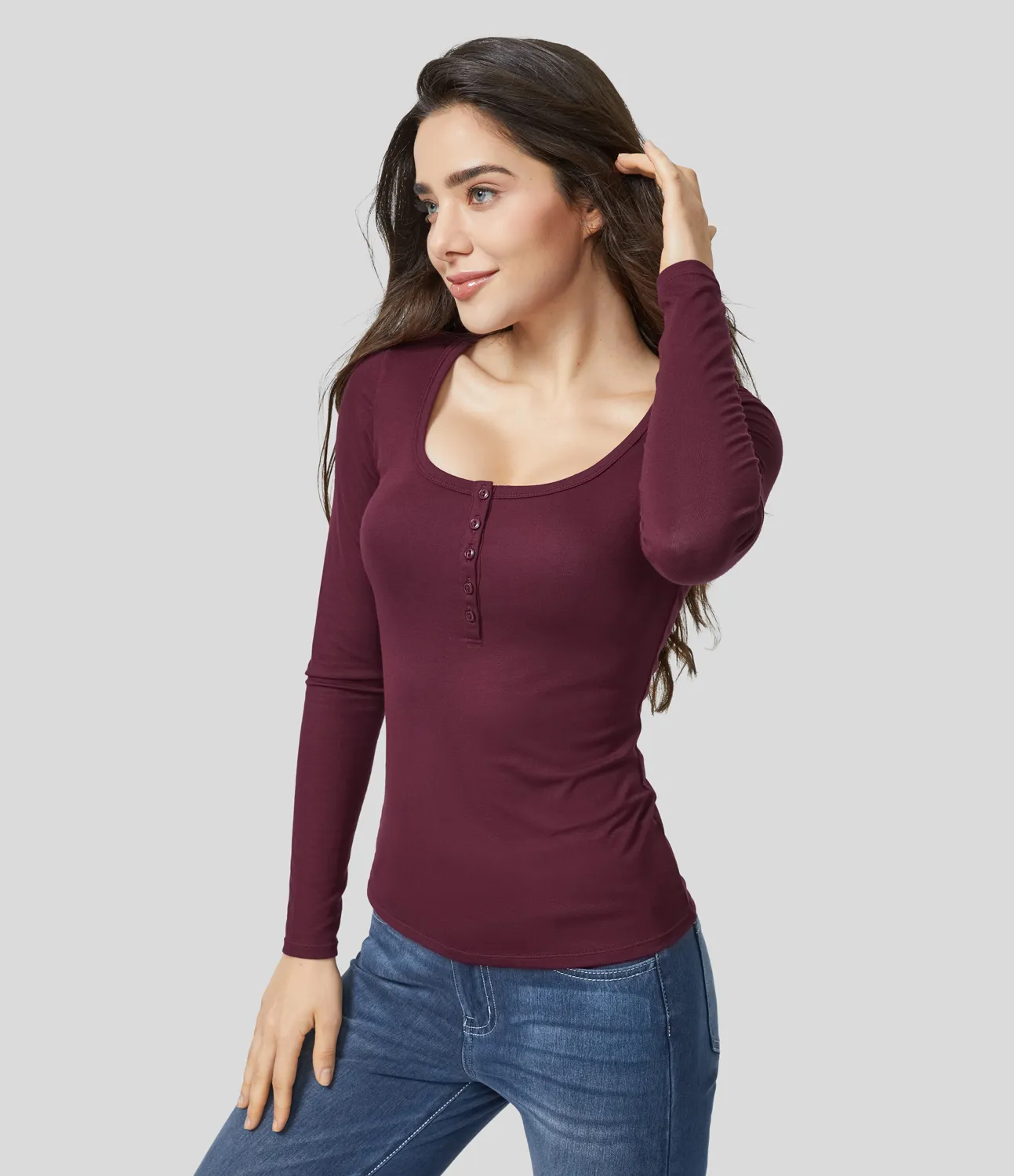 Halara Top ajustado manga larga cuello Henley acanalado - Maroon Banner - S sold by Halara product image thumbnail 4