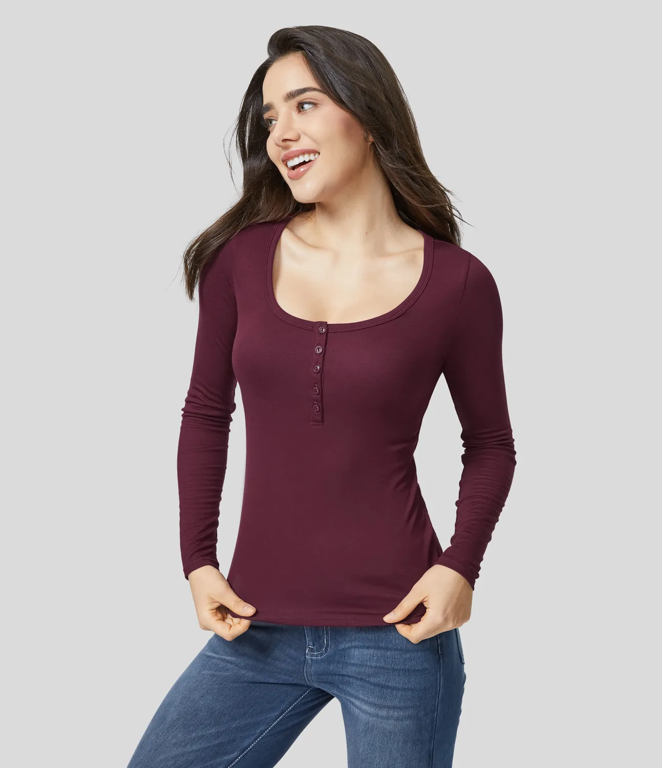 Halara Top ajustado manga larga cuello Henley acanalado - Maroon Banner - S sold by Halara product image thumbnail 5
