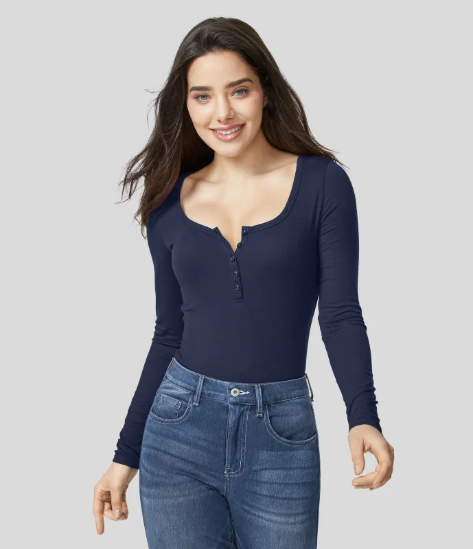 Halara Top ajustado manga larga cuello Henley acanalado - Nightfall Blue - M sold by Halara
