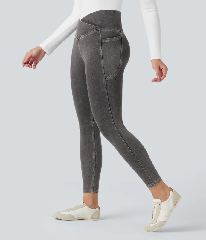 Halara Leggings Halara Flex™ Denim oficina mezclilla elástico lavado bolsillo lateral cruzado - Cool Gray Denim - XL(7/8) sold by Halara