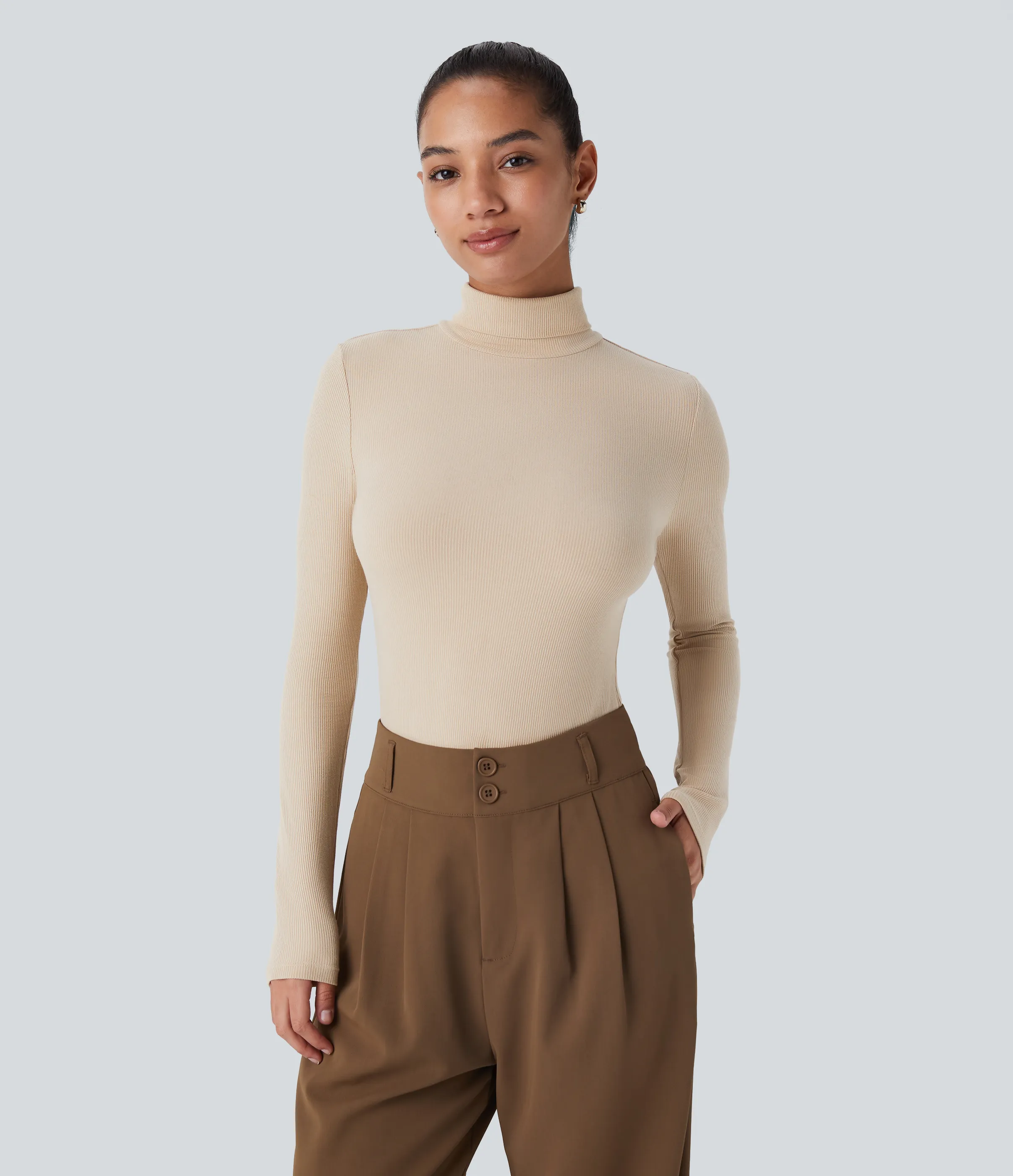 Halara Top casual de manga larga con cuello alto de punto acanalado - Tapioca - L sold by Halara product image thumbnail 2