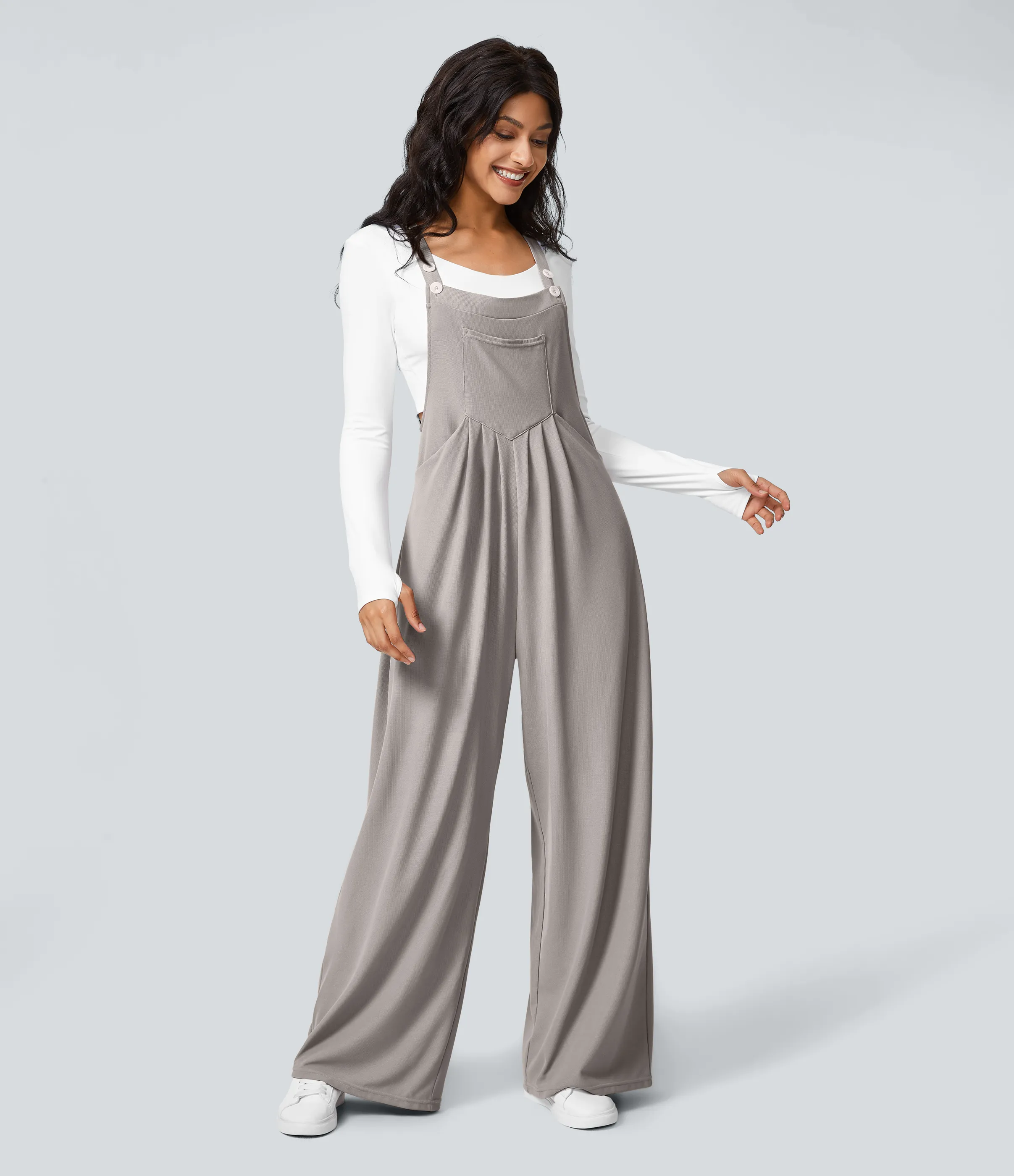 Halara Overol botón correa ajustable bolsillo múltiple gofre plisado - Mink Ash - XL(regular) sold by Halara product image thumbnail 3