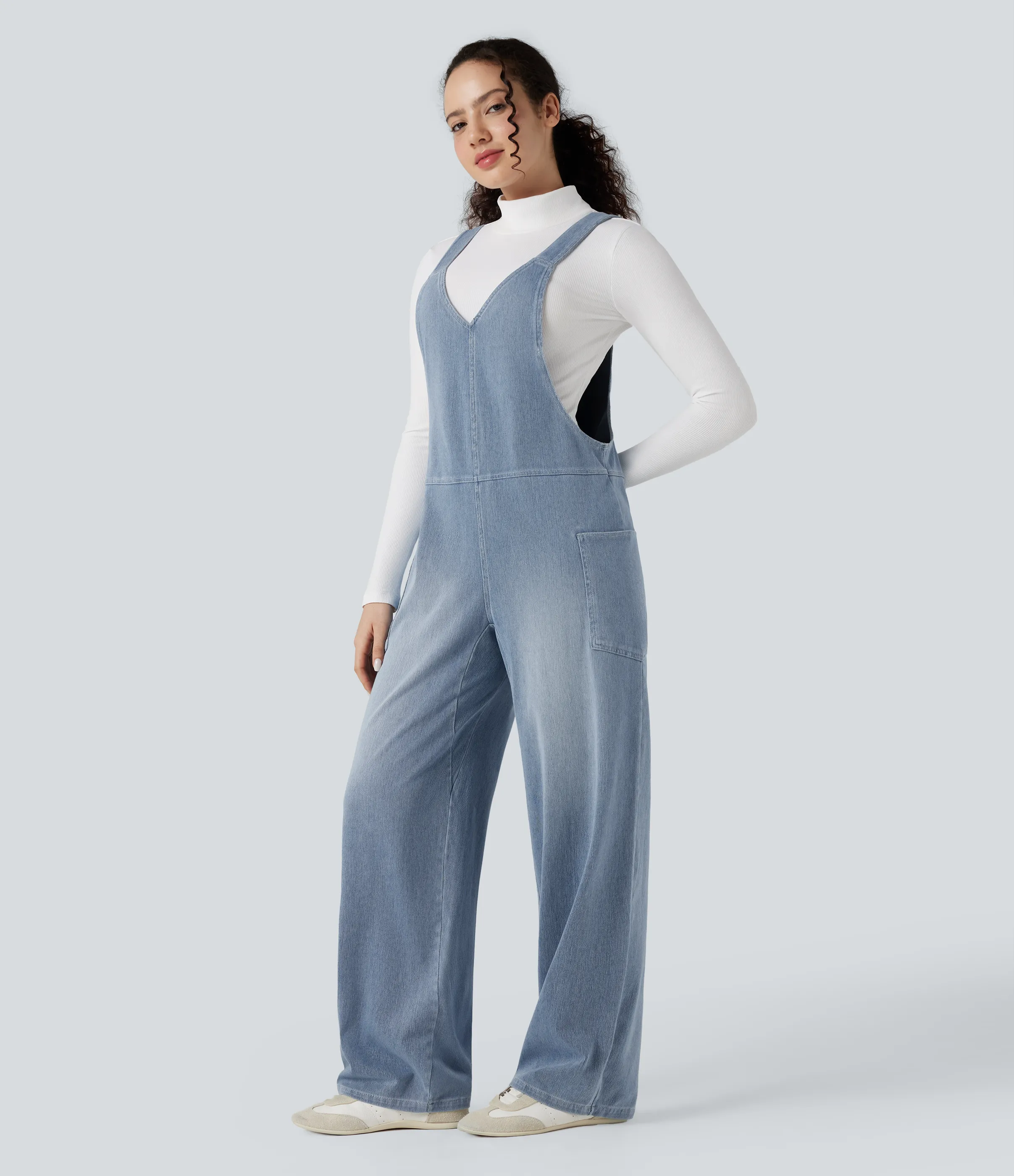 Halara Overol Halara Flex™ Denim mezclilla elástico lavado bolsillo lateral cuello V - Blue Jasper Denim - S(regular) sold by Halara product image thumbnail 4