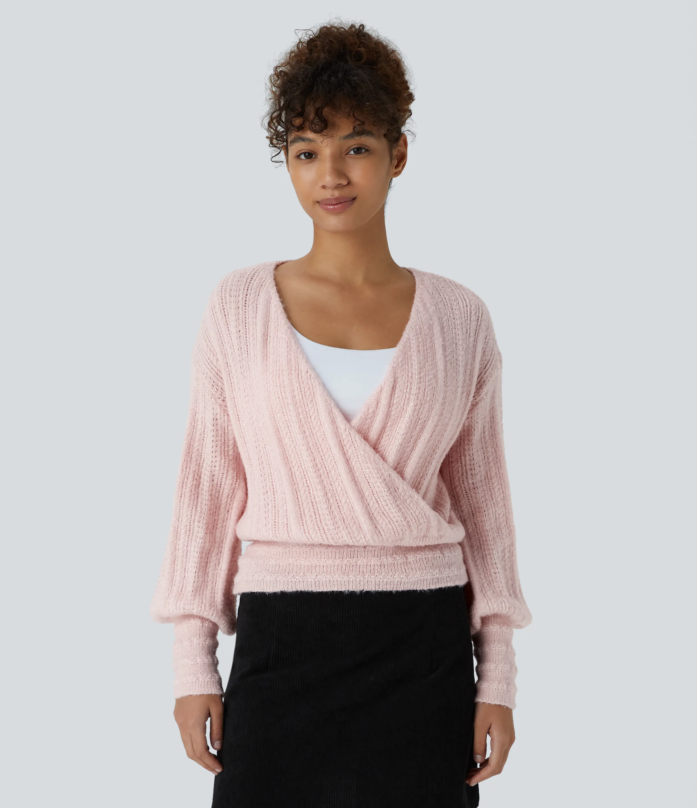 Halara Suéter oficina manga larga cuello V transparente usar delante detrás - Mauve Chalk - M sold by Halara