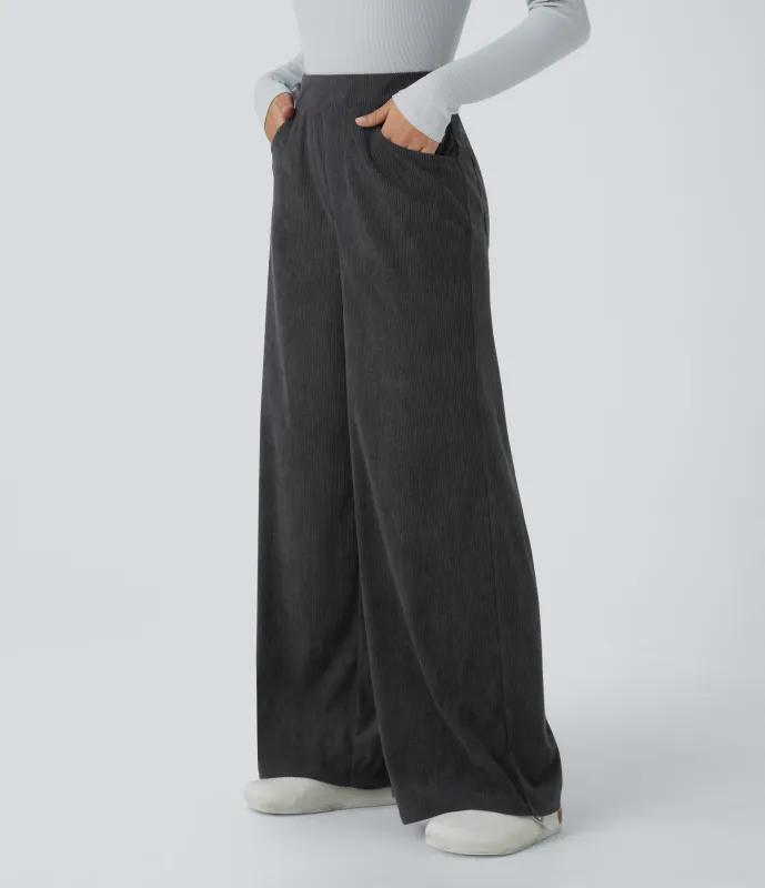 Halara Pantalón oficina pana tiro alto cremallera invisible múltiple bolsillo pierna ancha - Phantom - M(regular) sold by Halara