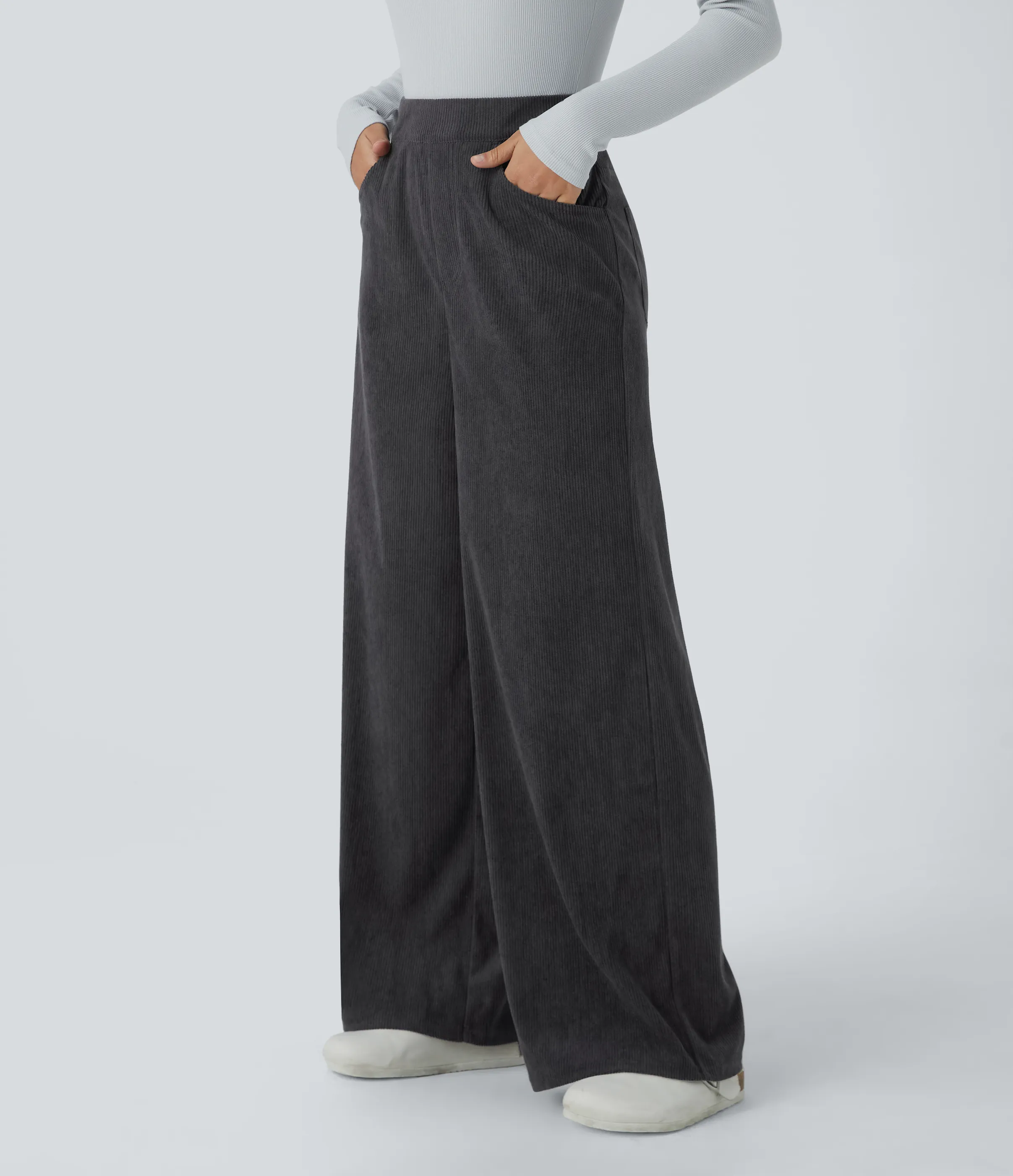 Halara Pantalón oficina pana tiro alto cremallera invisible múltiple bolsillo pierna ancha - Phantom - M(regular) sold by Halara