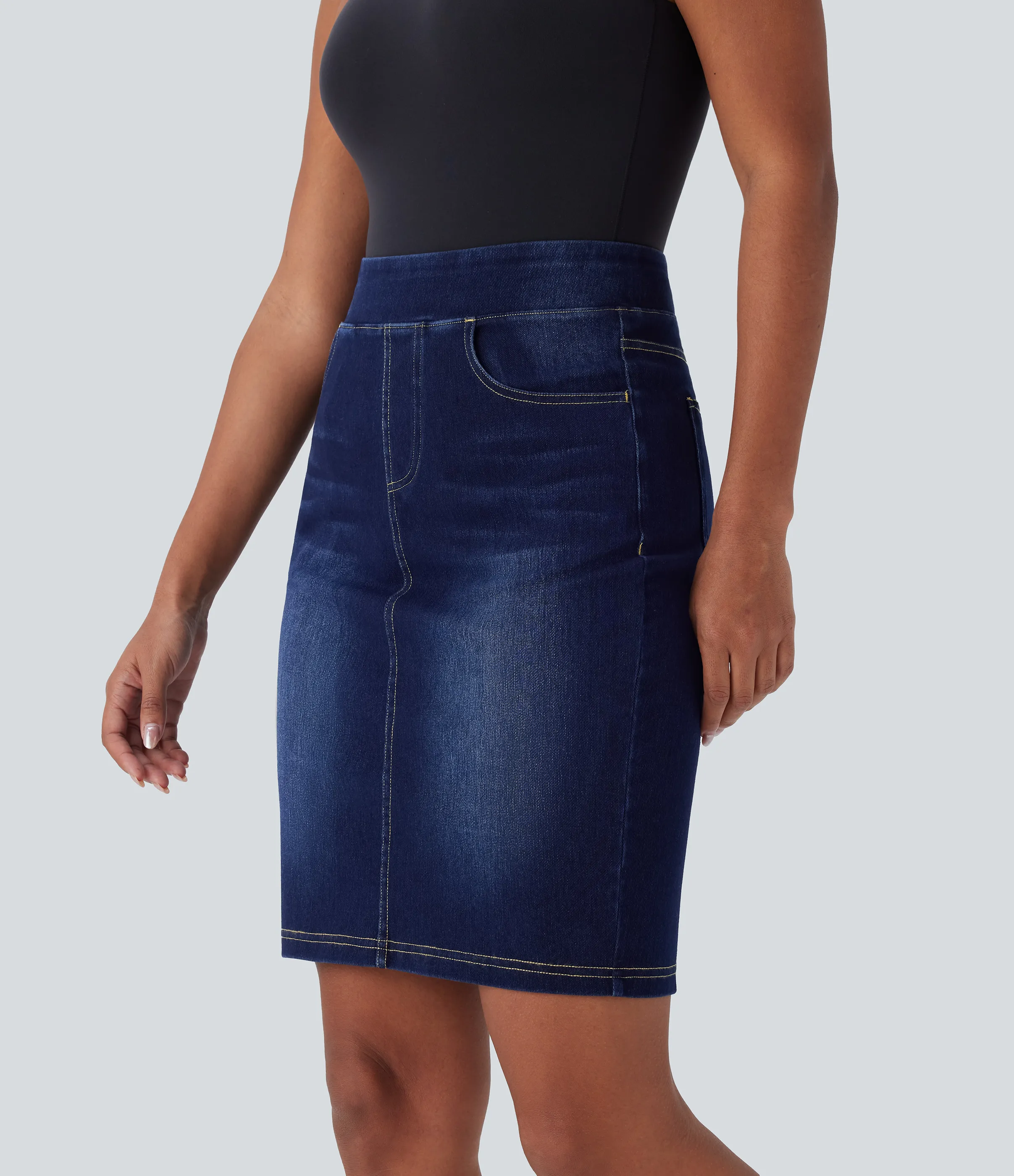 Halara Falda Halara Flex™ Denim mezclilla elástico lavada dividida múltiple bolsillo tiro alto - Bright Blue Denim - XL(regular) sold by Halara product image thumbnail 4