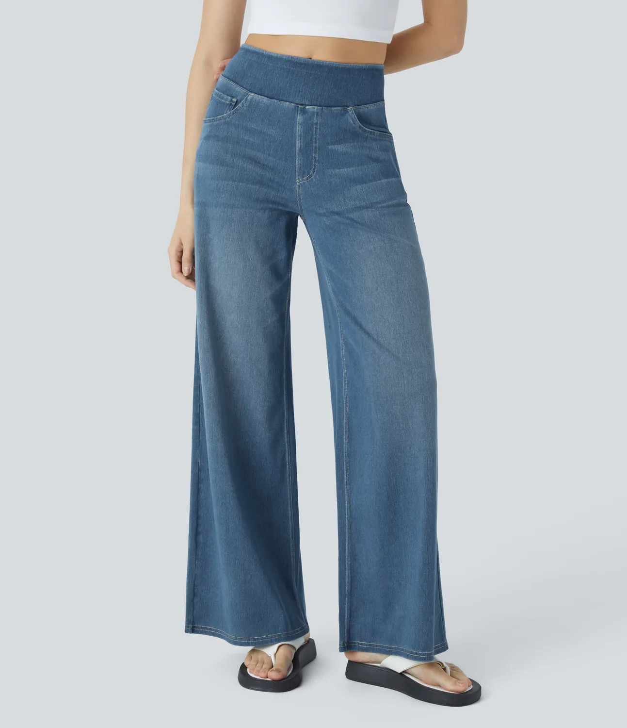 Halara Jeans Baggy Halara Flex™ Denim elástico lavado múltiple bolsillo tiro alto pierna ancha - Mayan Blue Denim - S(petite) sold by Halara product image thumbnail 2