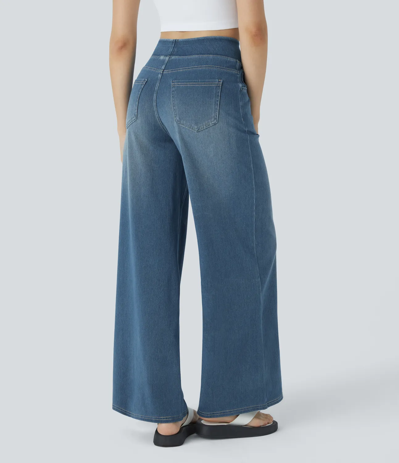 Halara Jeans Baggy Halara Flex™ Denim elástico lavado múltiple bolsillo tiro alto pierna ancha - Mayan Blue Denim - S(petite) sold by Halara product image thumbnail 3
