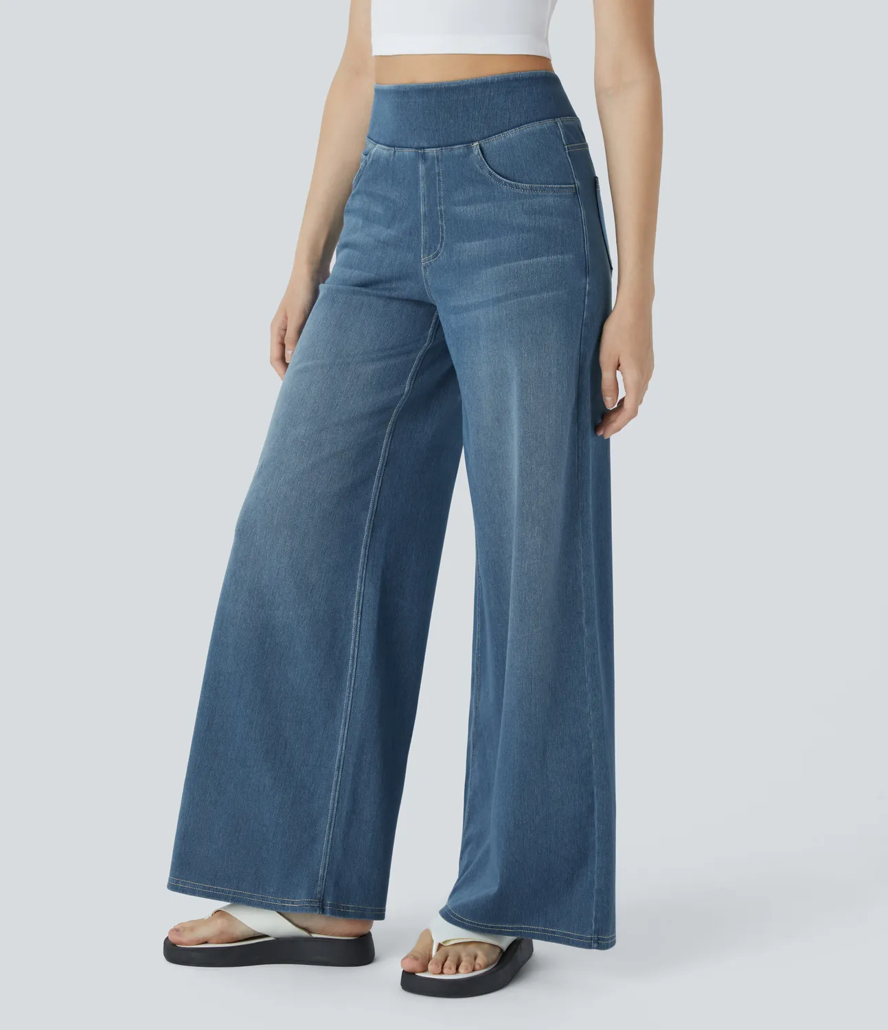 Halara Jeans Baggy Halara Flex™ Denim elástico lavado múltiple bolsillo tiro alto pierna ancha - Mayan Blue Denim - S(petite) sold by Halara product image thumbnail 4