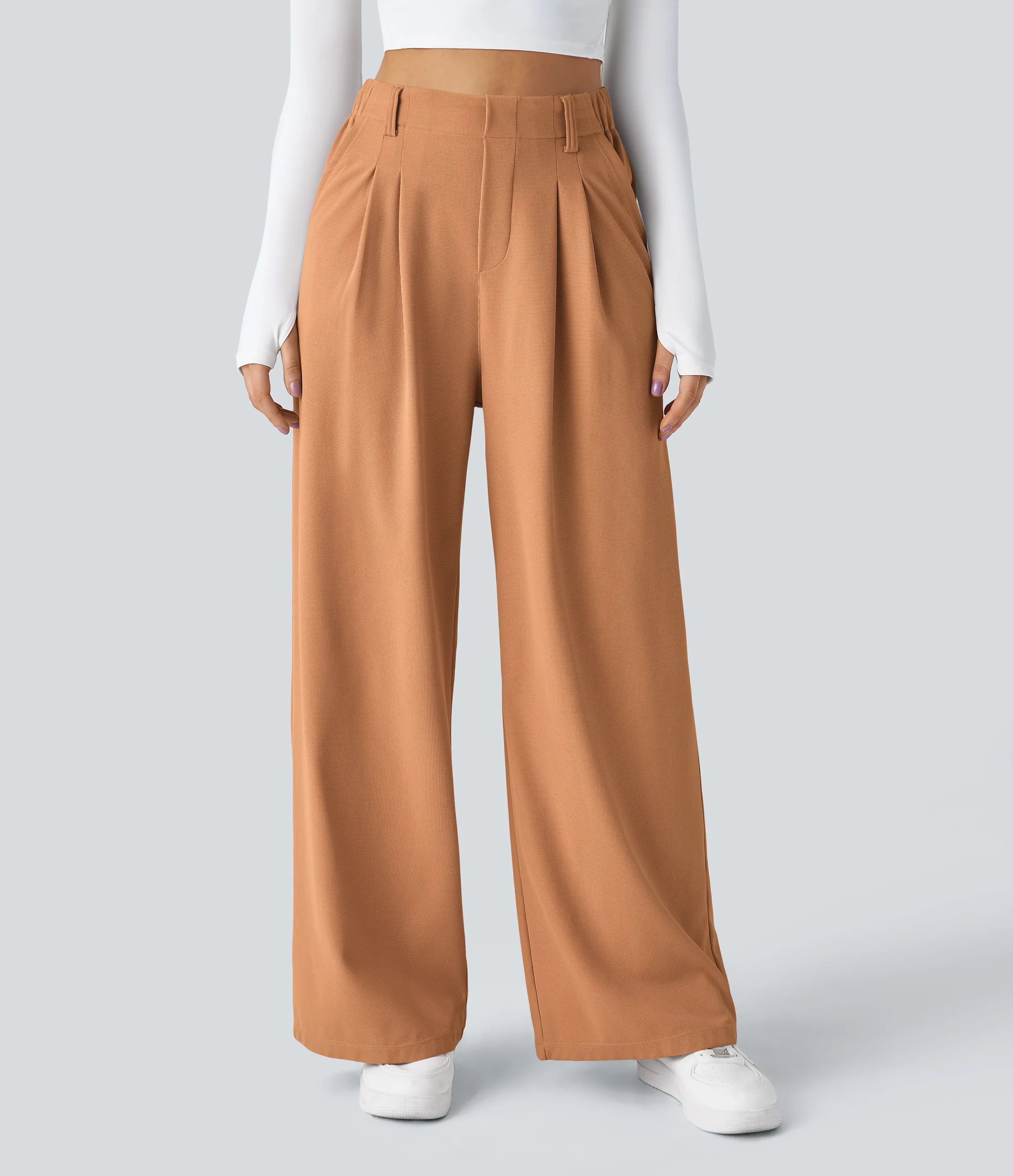 Halara Pantalones Halara Flex™ de oficina anchos plisados de tiro alto con bolsillos en tela tipo gofre - Saturated Orange - XL(regular) sold by Halara product image thumbnail 4