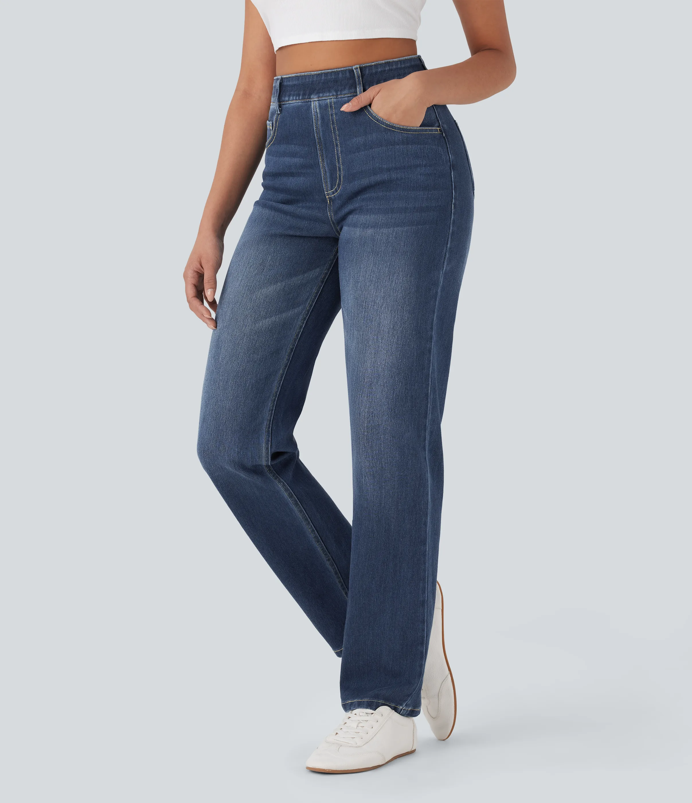 Halara Jeans Halara Flex™ Denim elástico lavado pierna recta tiro alto control abdomen múltiple bolsillo - Distressed Denim Dark Blue - M(tall) sold by Halara product image thumbnail 4
