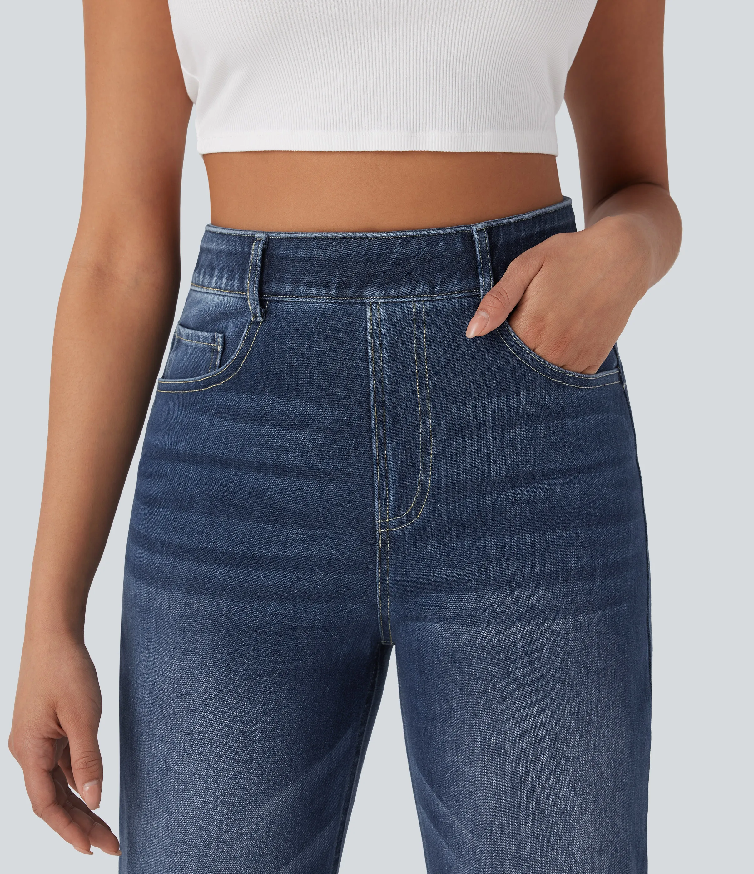 Halara Jeans Halara Flex™ Denim elástico lavado pierna recta tiro alto control abdomen múltiple bolsillo - Distressed Denim Dark Blue - M(tall) sold by Halara product image thumbnail 5