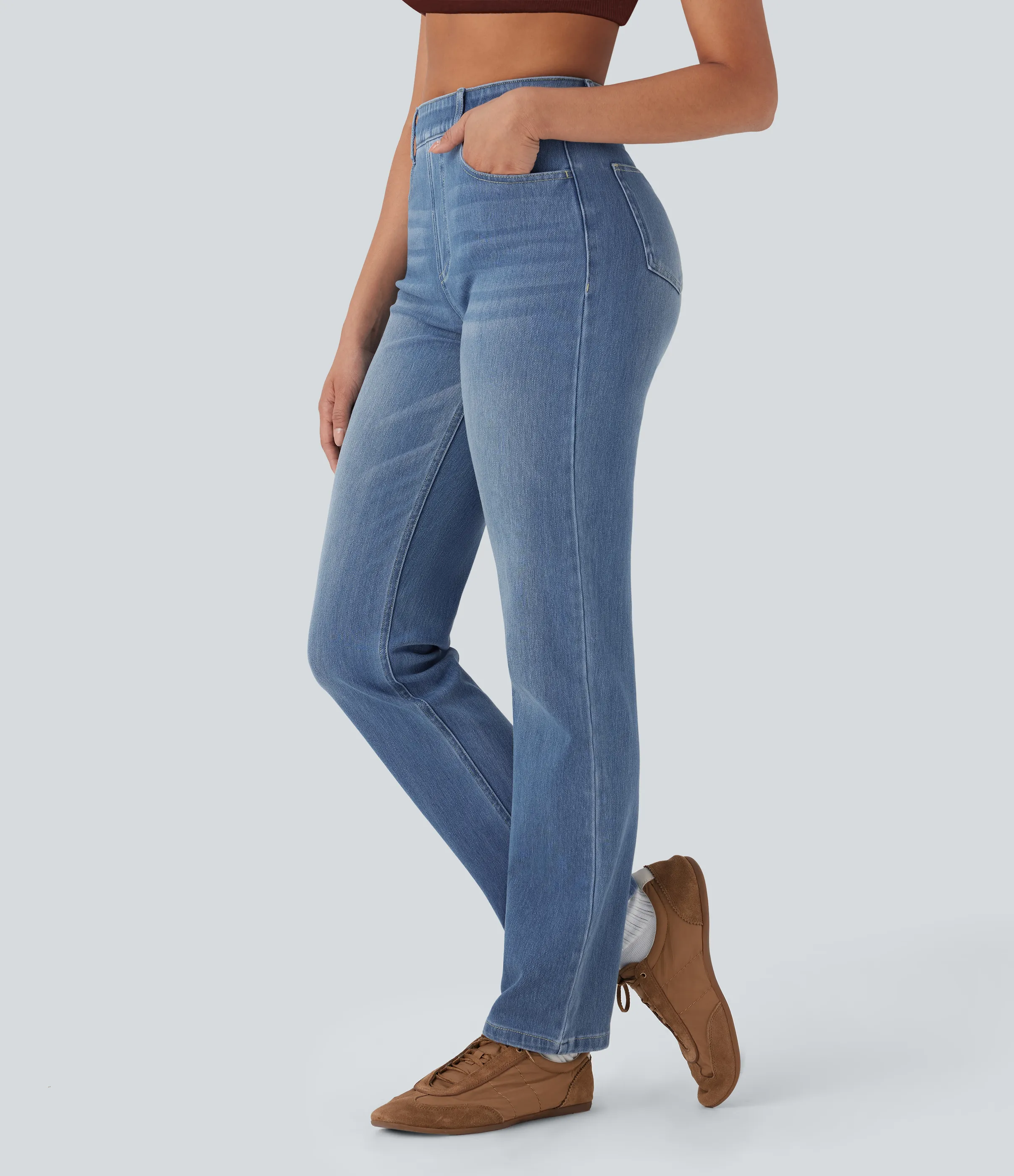 Halara Jeans Halara Flex™ Denim elástico lavado pierna recta tiro alto control abdomen múltiple bolsillo - Blue Spruce Denim - M(petite) sold by Halara product image thumbnail 4
