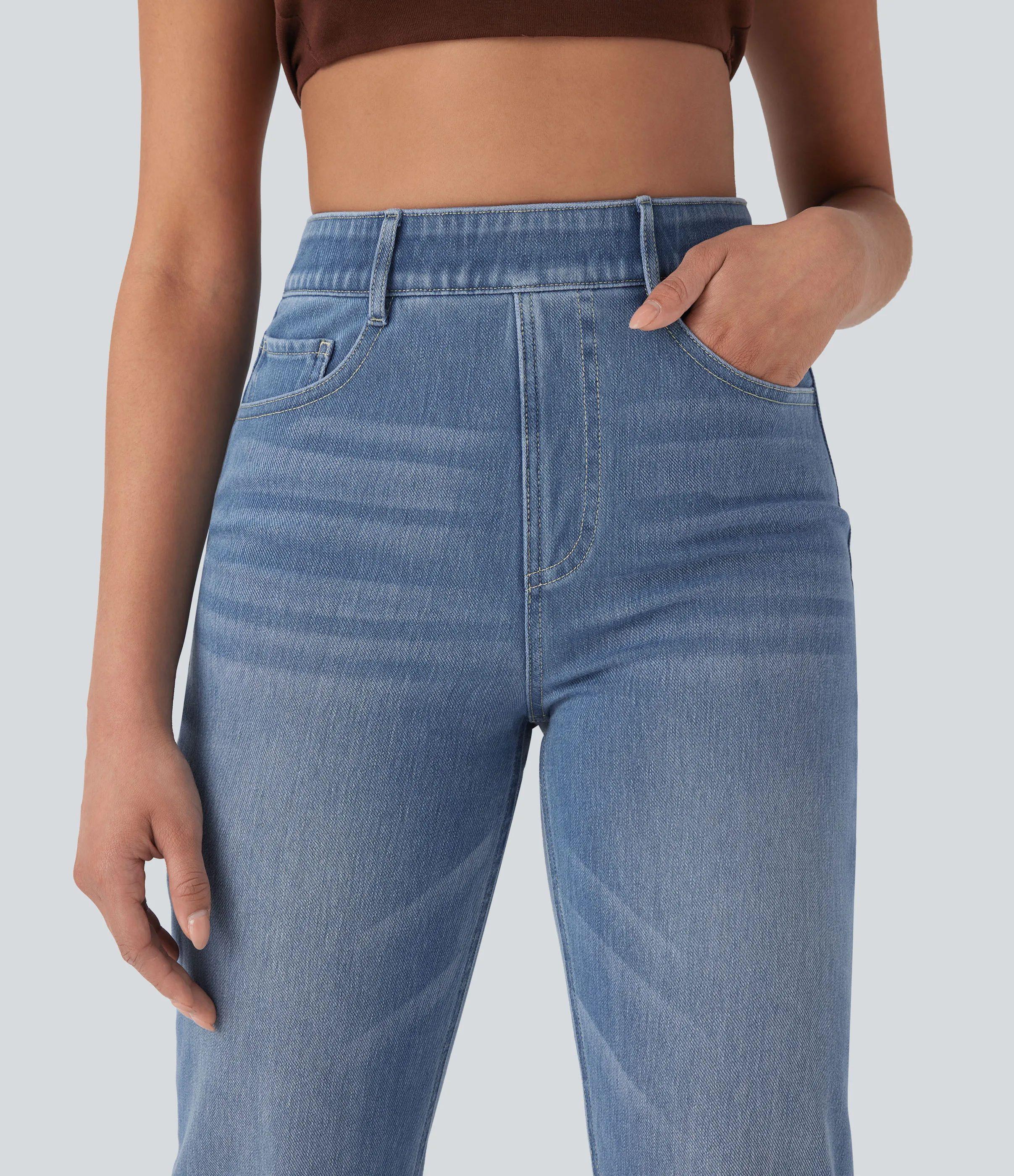 Halara Jeans Halara Flex™ Denim elástico lavado pierna recta tiro alto control abdomen múltiple bolsillo - Blue Spruce Denim - M(petite) sold by Halara product image thumbnail 5