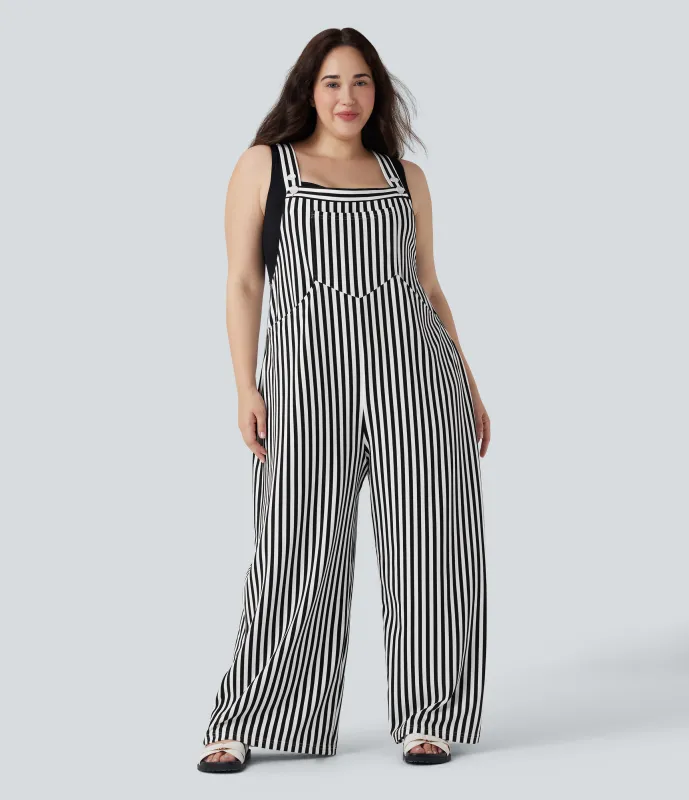 Halara Overol resort talla grande botón raya tira ajustable múltiple bolsillo - Black White Horizontal Stripe - 2X(regular) sold by Halara