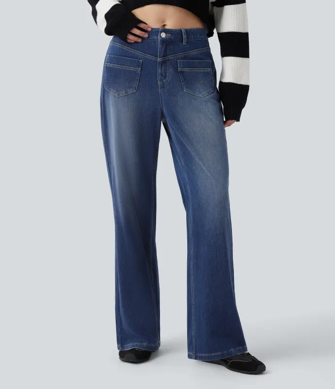 Halara Jeans casuales Halara Flex™ de tiro medio de pierna recta y bolsillos - Estate Blue Denim - XL(tall) sold by Halara