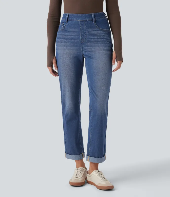 Halara Jeans ajustados casuales Halara Flex™ de tiro alto con dobladillo enrollado y bolsillos  - Tide Blue Denim - XS(regular) sold by Halara