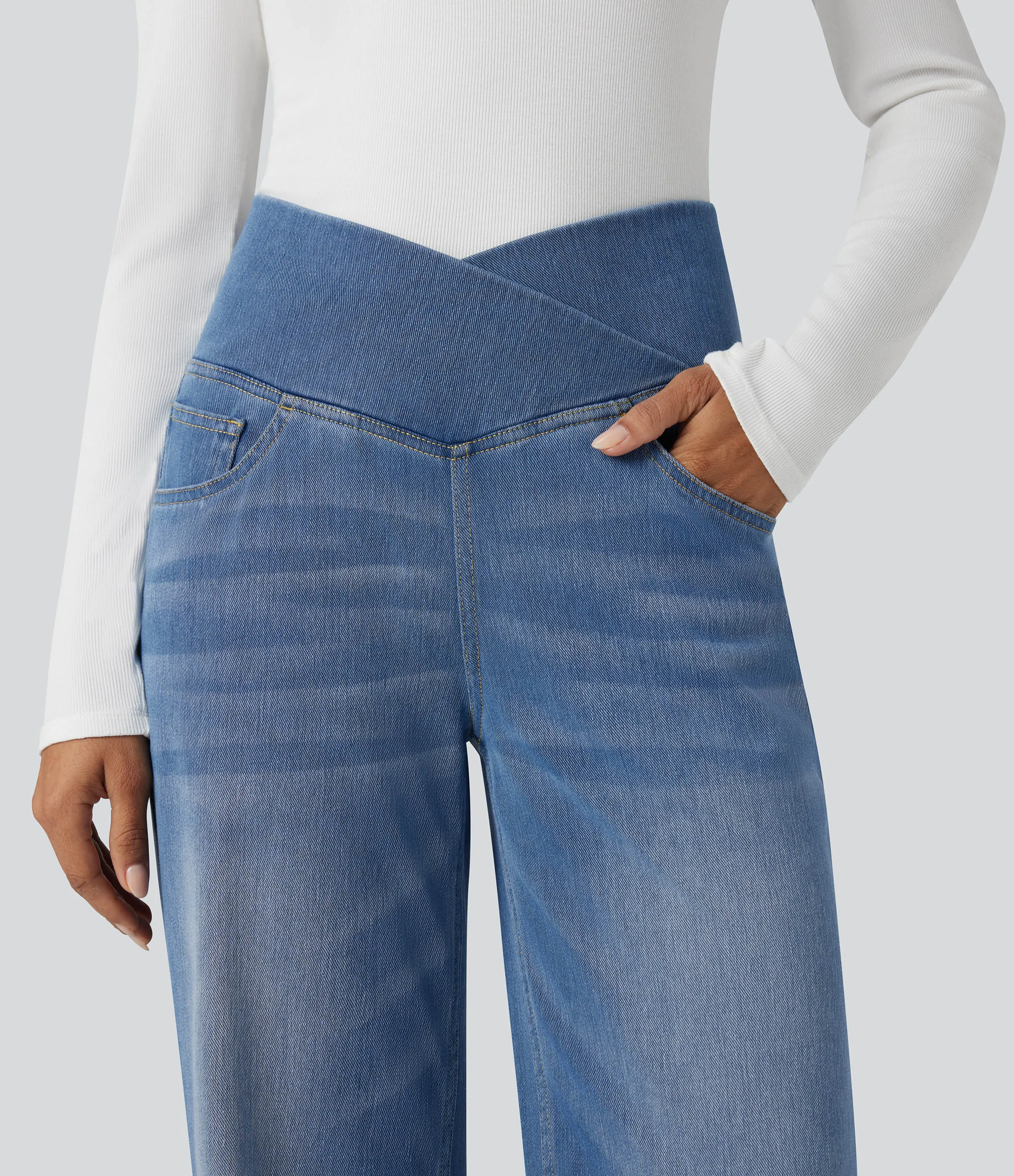 Halara Jeans casuales rectos con control de abdomen de tiro alto cruzado y bolsillos, estilo Halara Flex™ SoCinched - Blue Jasper Denim - XS(tall) sold by Halara product image thumbnail 5