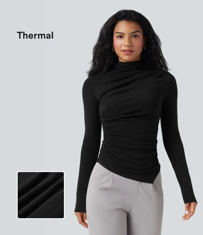 Halara Top casual térmico de cuello alto de manga larga con dobladillo asimétrico fruncido - Black - XL sold by Halara