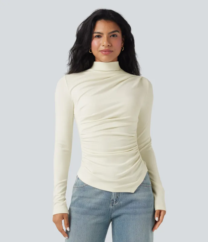 Halara Top casual térmico de cuello alto de manga larga con dobladillo asimétrico fruncido - Lily White - XL sold by Halara