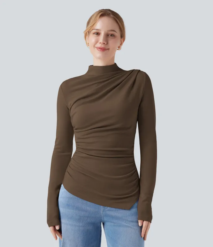 Halara Top casual térmico de cuello alto de manga larga con dobladillo asimétrico fruncido - Dark Earth - XL sold by Halara