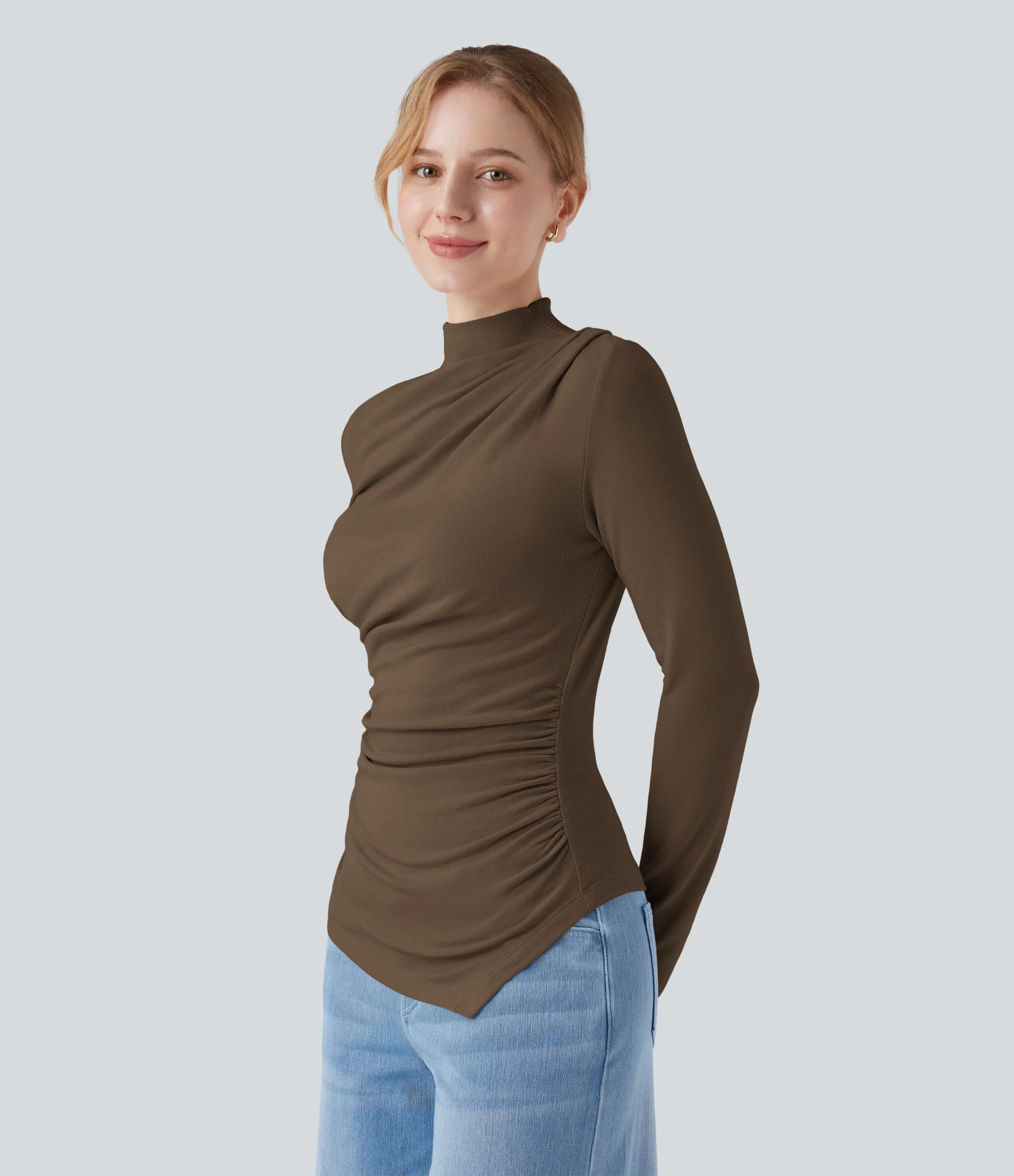 Halara Top casual térmico de cuello alto de manga larga con dobladillo asimétrico fruncido - Dark Earth - XL sold by Halara product image thumbnail 4