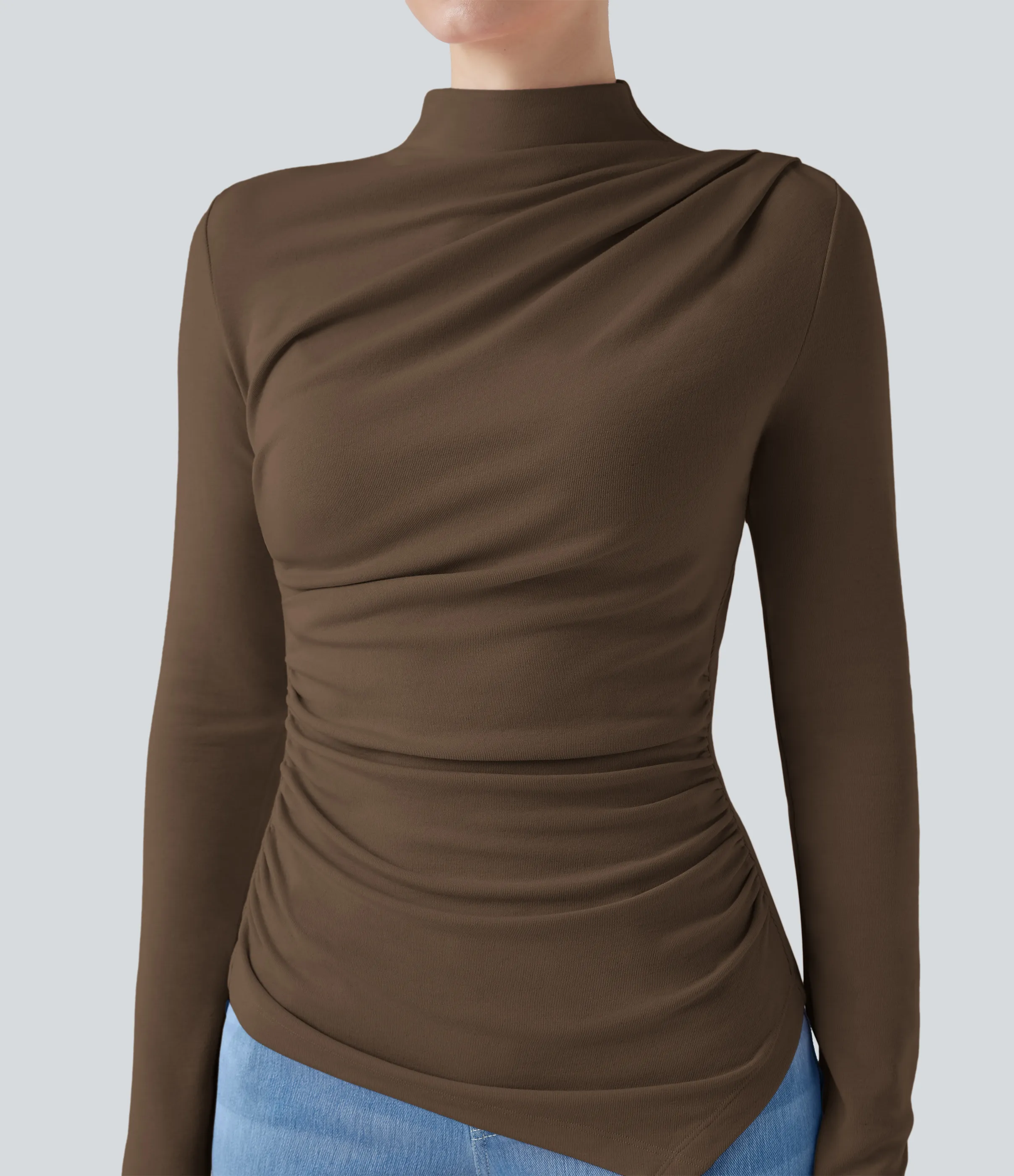 Halara Top casual térmico de cuello alto de manga larga con dobladillo asimétrico fruncido - Dark Earth - XL sold by Halara product image thumbnail 5