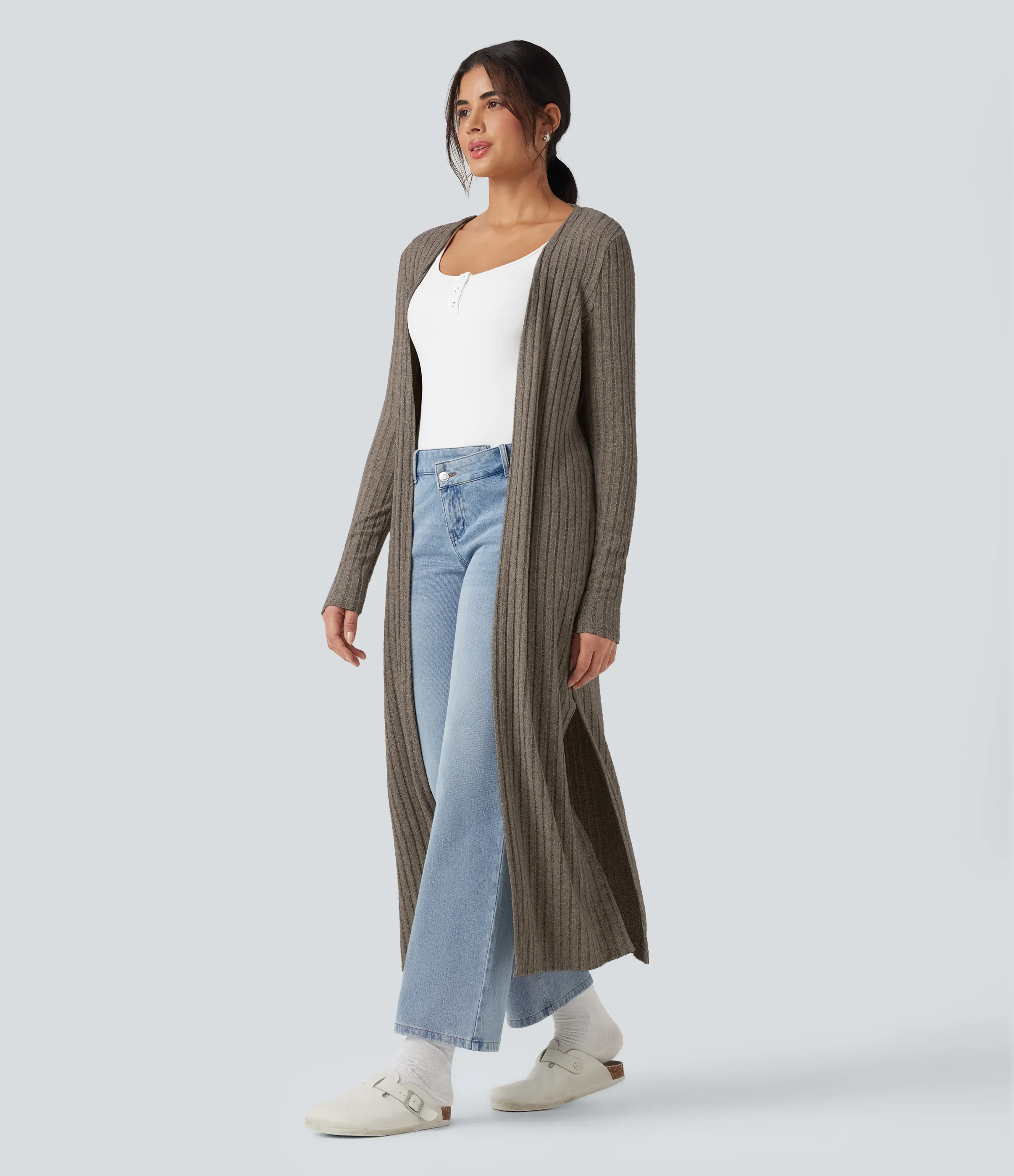 Halara Abrigo largo casual de punto acanalado con mangas largas y abertura - Mottled Wood Brown - XS sold by Halara product image thumbnail 2