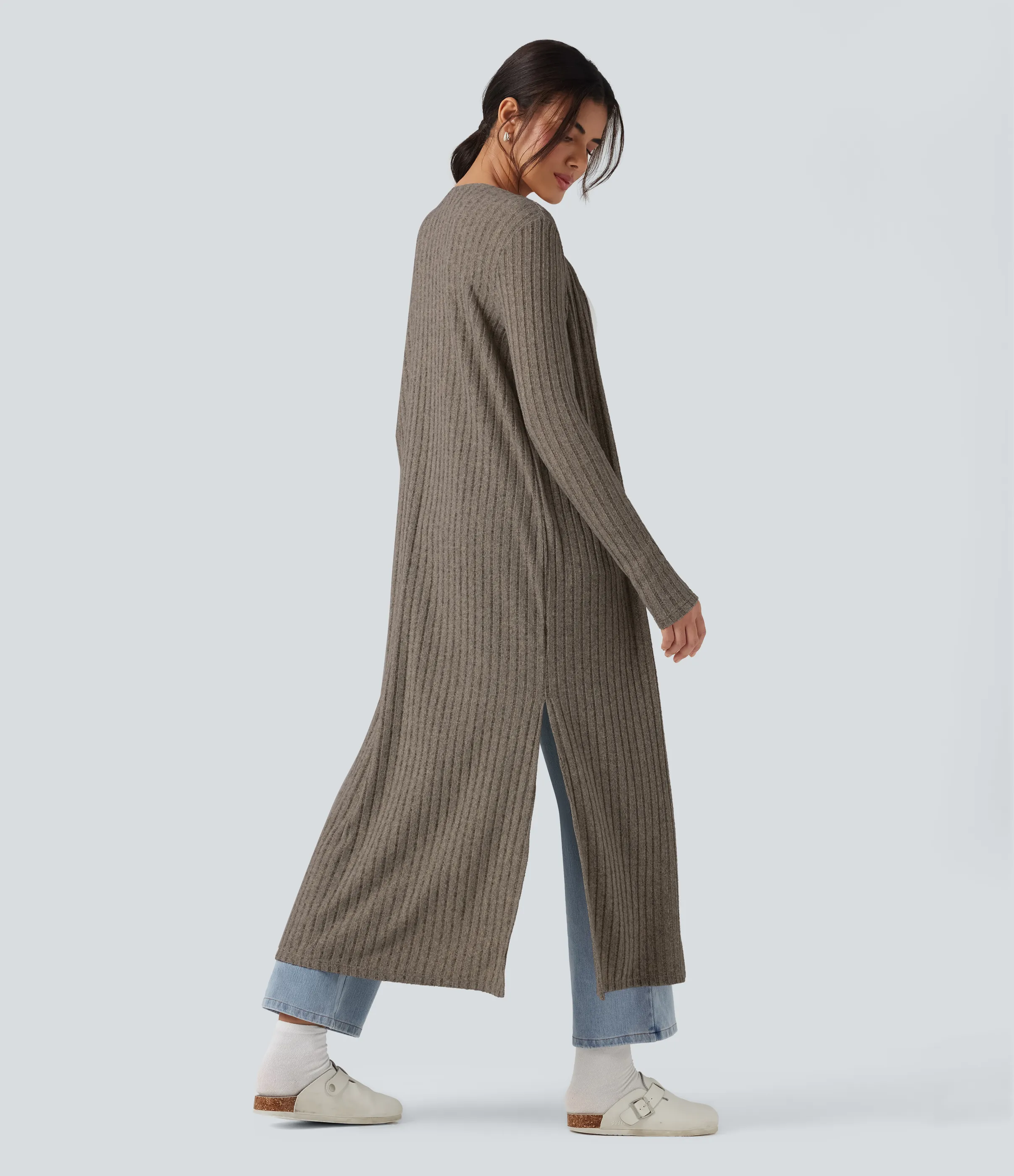 Halara Abrigo largo casual de punto acanalado con mangas largas y abertura - Mottled Wood Brown - XS sold by Halara product image thumbnail 3