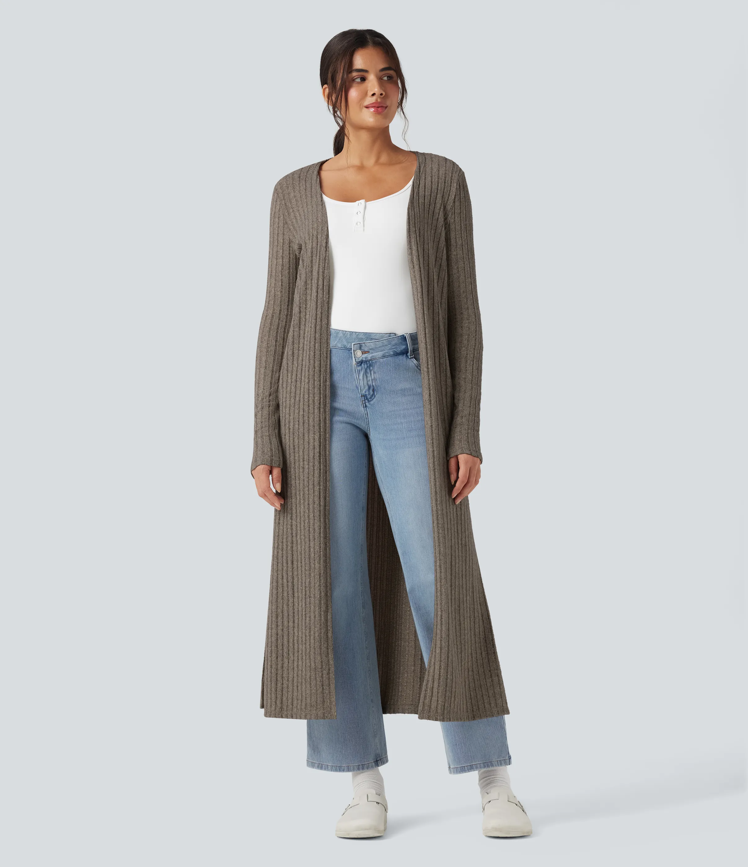 Halara Abrigo largo casual de punto acanalado con mangas largas y abertura - Mottled Wood Brown - XS sold by Halara product image thumbnail 4