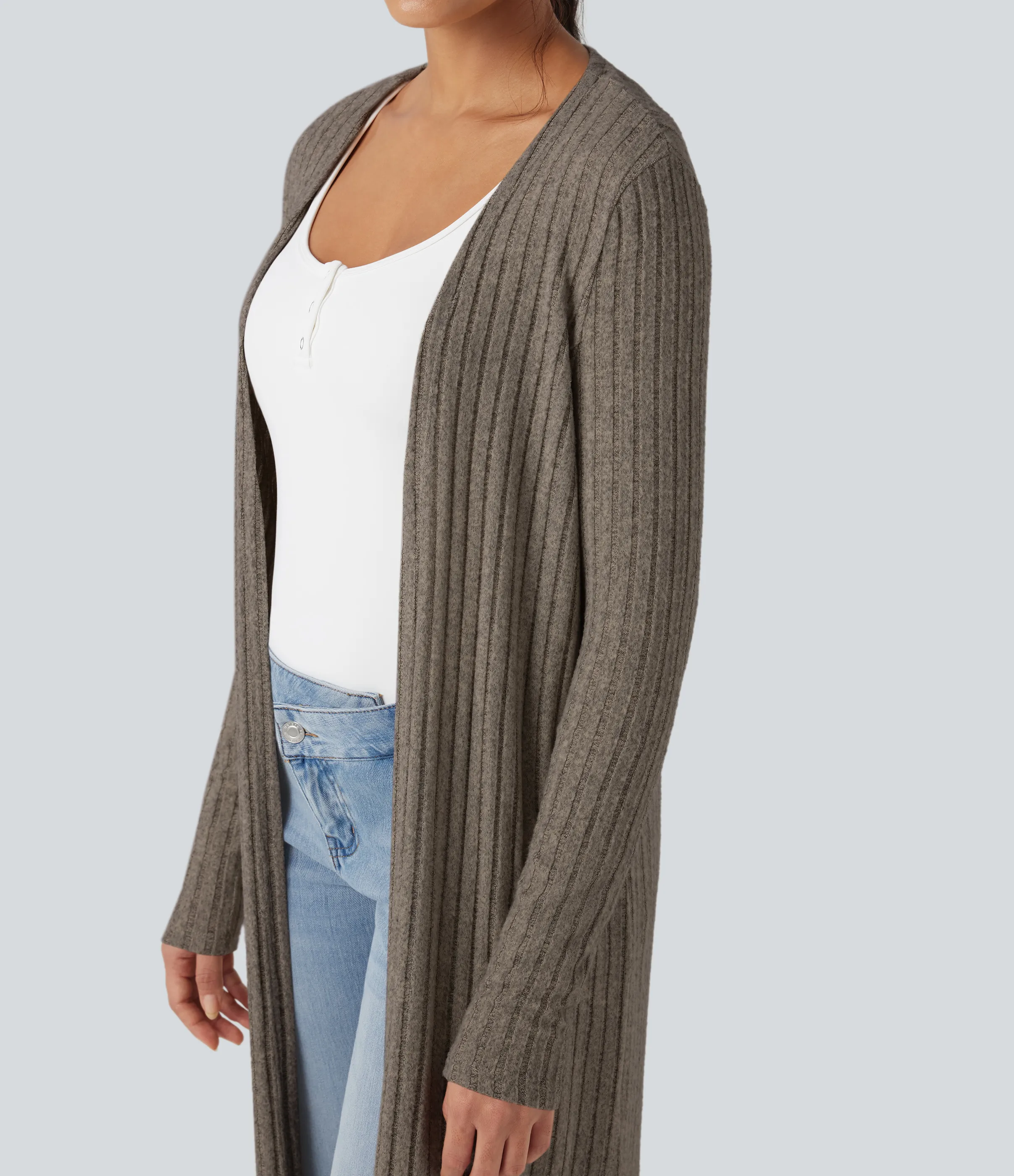 Halara Abrigo largo casual de punto acanalado con mangas largas y abertura - Mottled Wood Brown - XS sold by Halara product image thumbnail 5