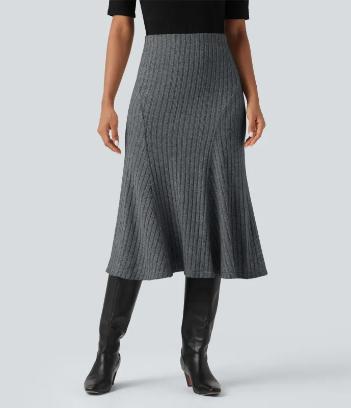 Halara Falda midi casual de tiro alto con corte A y punto acanalado - Mottled Dark Gray - XL(regular) sold by Halara