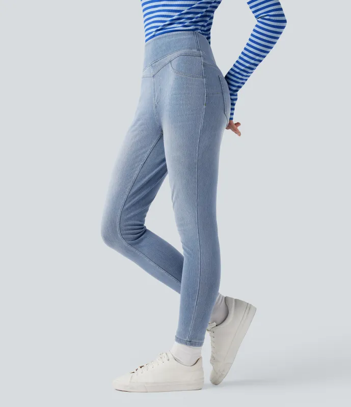Halara Leggings casuales ajustados de mezclilla Halara Flex™ de tiro alto con control de abdomen y bolsillos de 7/8 - Malibu Blue Denim - S(regular) sold by Halara