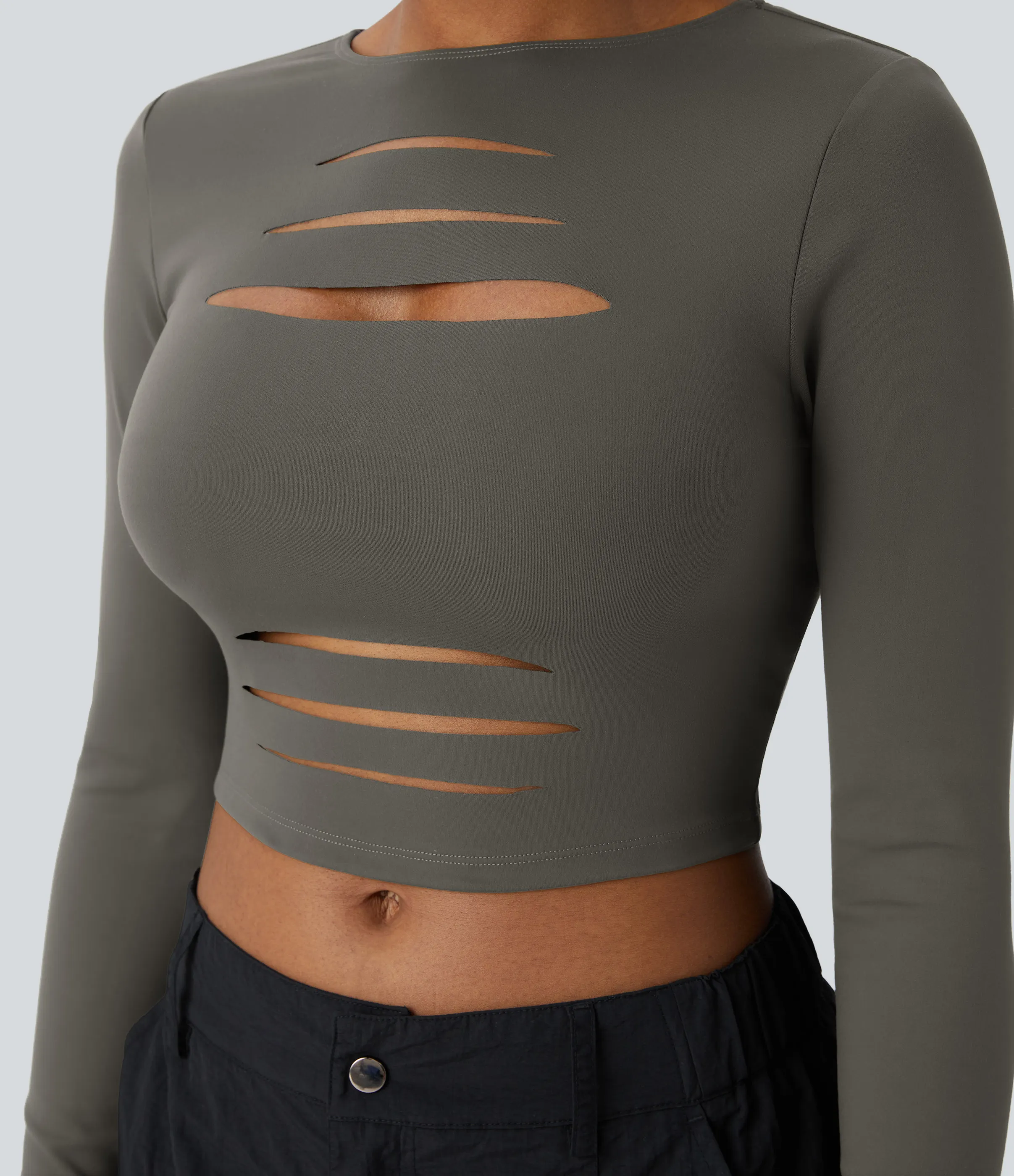 Halara Top ajustado cuello redondo manga larga corte rasgado corte ajustado - Deep Red Grey - M sold by Halara product image thumbnail 2