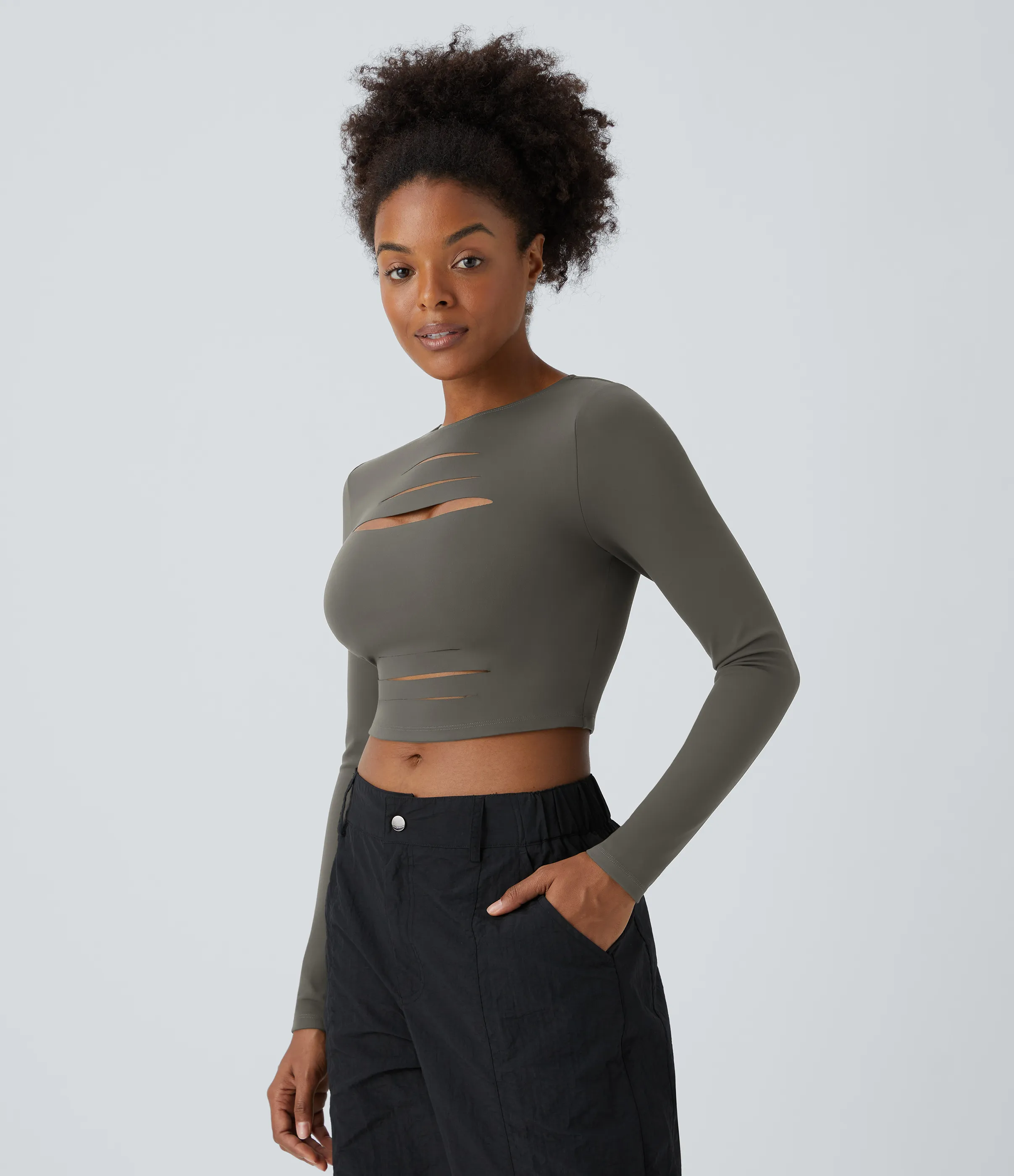 Halara Top ajustado cuello redondo manga larga corte rasgado corte ajustado - Deep Red Grey - M sold by Halara product image thumbnail 3