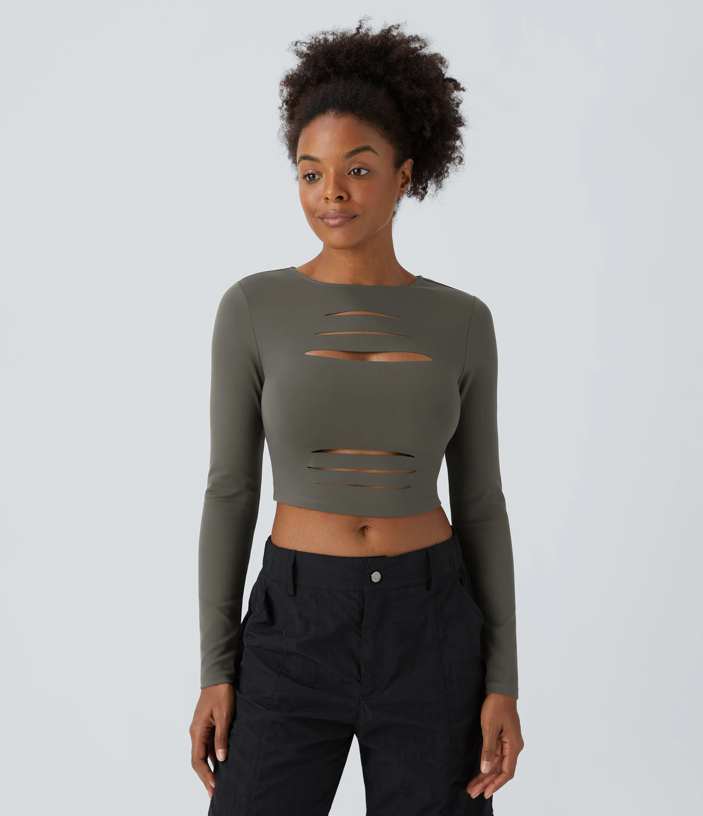 Halara Top ajustado cuello redondo manga larga corte rasgado corte ajustado - Deep Red Grey - M sold by Halara product image thumbnail 5