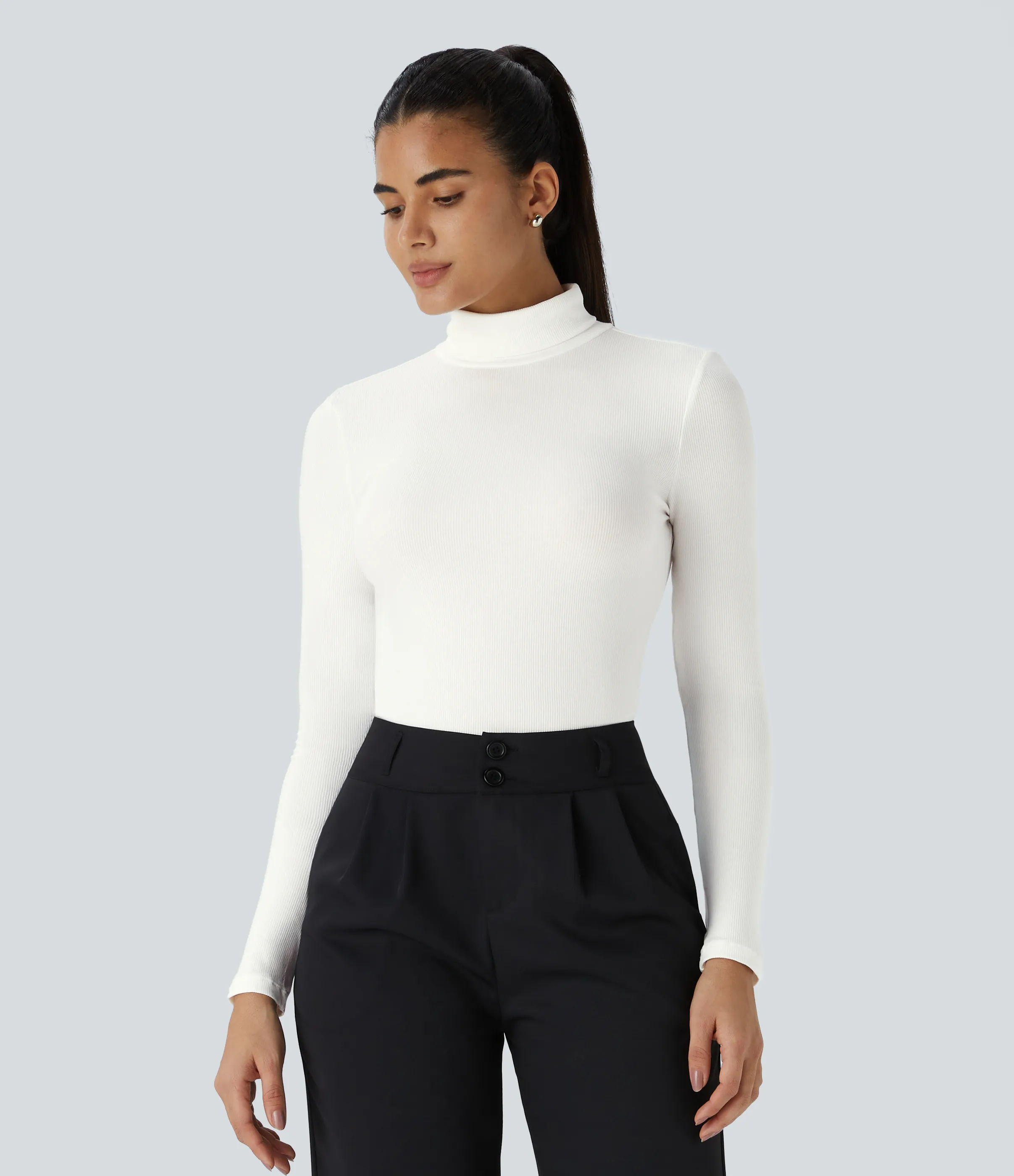 Halara Top casual de manga larga con cuello alto de punto acanalado - White - XL sold by Halara product image thumbnail 5